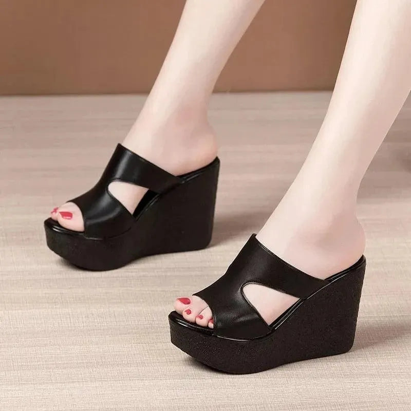 Women's Comfortable Slip-On Leather Wedge Sandals with Cushioned Footbed - Perfect for Summer, Beach, and Casual Outings