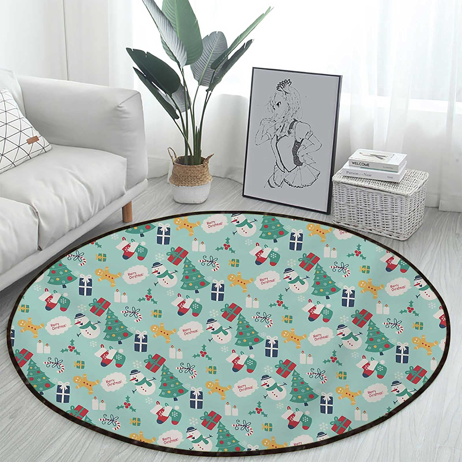 Christmas Snowmen Trees Gifts Non-Slip Coffee Table Rug - 39.3 Inch Round Floor Protector Mat for Rolling Chairs & Home Decor | Perfect for Living Room, Office & Holiday Decorations