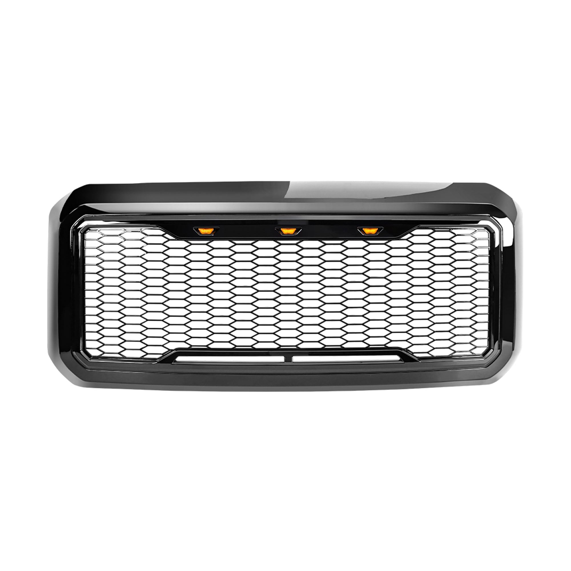 Ford F250 F350 F450 F550 Super Duty 2011-2016 Raptor Style Front Grille with Amber LED Lights - Glossy Black | Off-Road Upgrade & Truck Customization Accessory