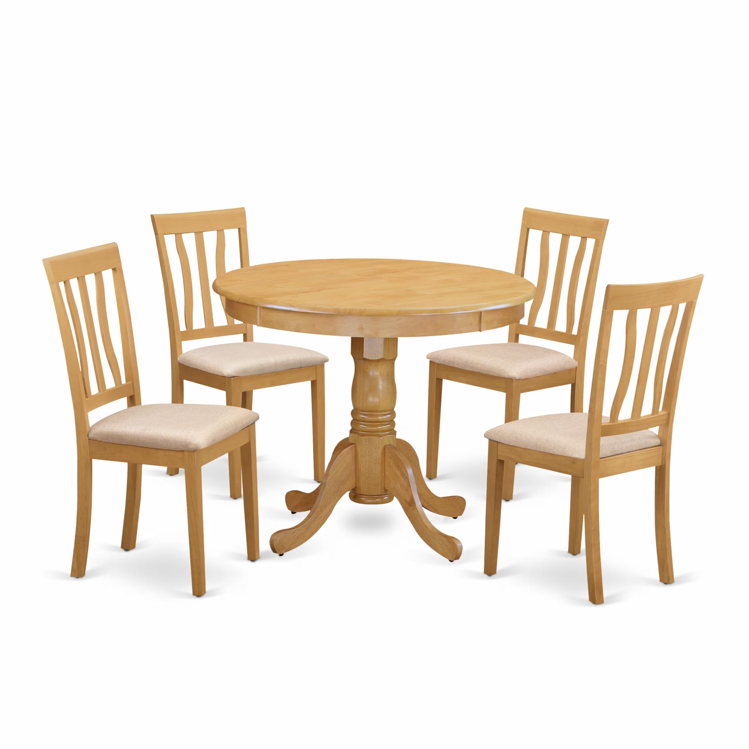 East West Furniture 5-Piece Oak Dining Room Table Set - Round Wooden Table with Pedestal Base & 4 Linen Upholstered Chairs, 36x36 Inch - Perfect for Small Kitchens, Breakfast Nooks & Cozy Dining Spaces