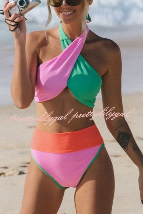 Color Block Halter Neck High Rise Bikini Swimsuit - Summer Brights Ribbed Swimwear for Women | Beach Vacation, Pool Party, Tropical Getaway