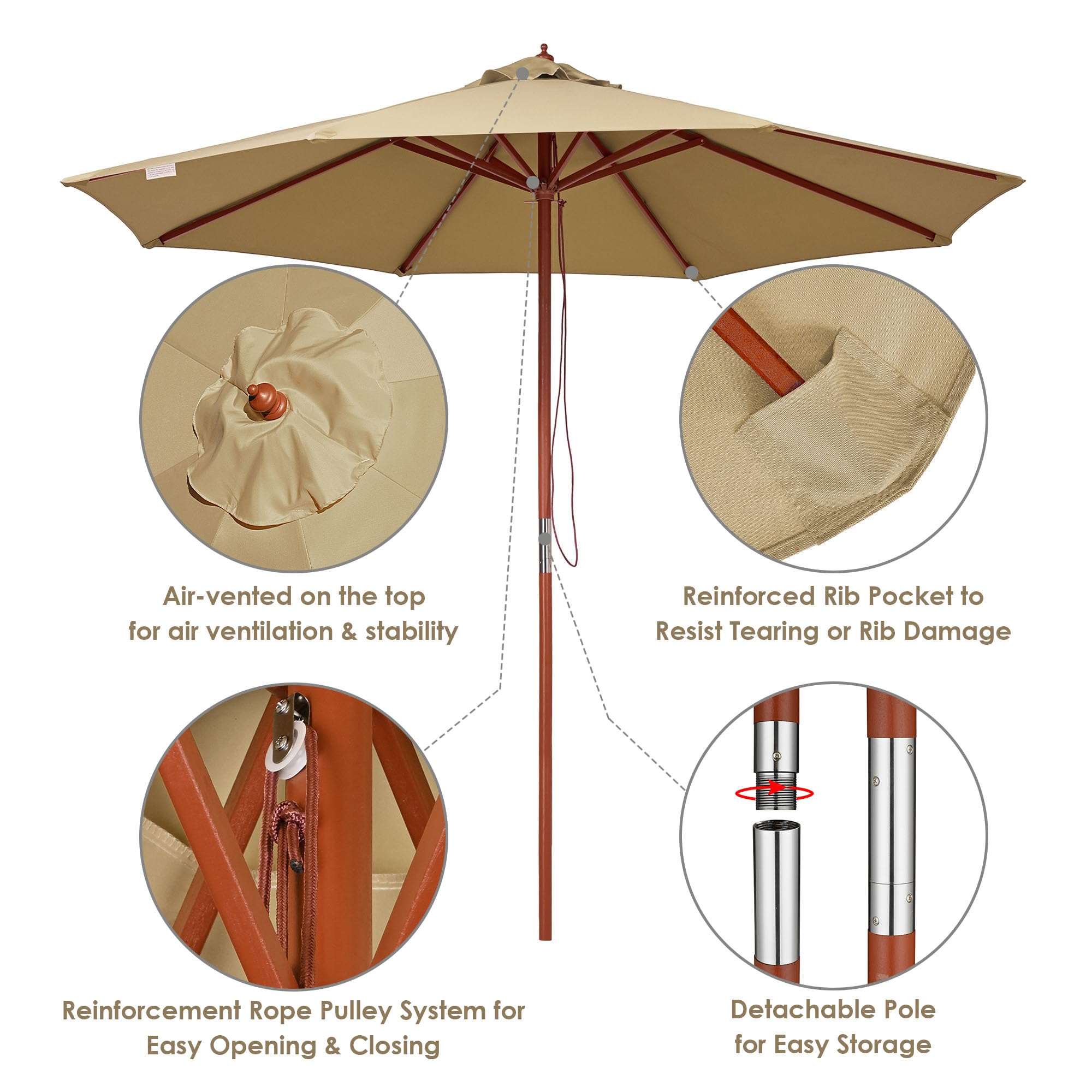 Yescom 9ft Tan Wooden Outdoor Patio Umbrella with Pulley - Perfect for Garden, Yard, Beach, Deck & Cafe - Sun Shade for Outdoor Dining & Relaxation