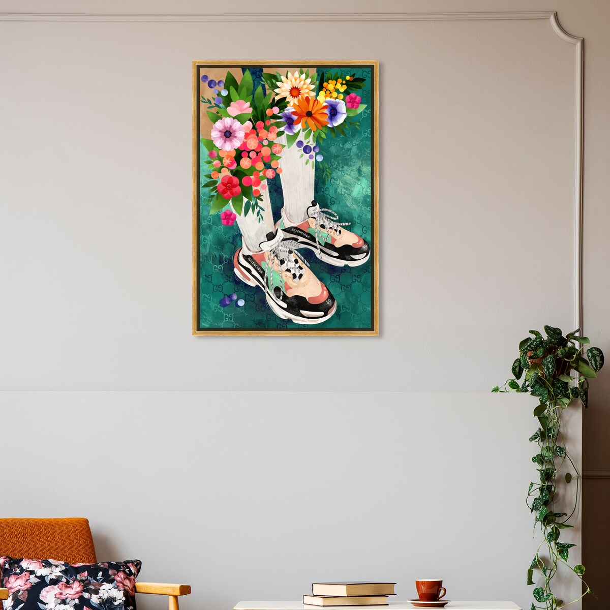 Stylish Floral Sneakers & Socks Set with Modern Green Canvas Wall Art - Perfect for Bedroom Decor and Casual Outfits