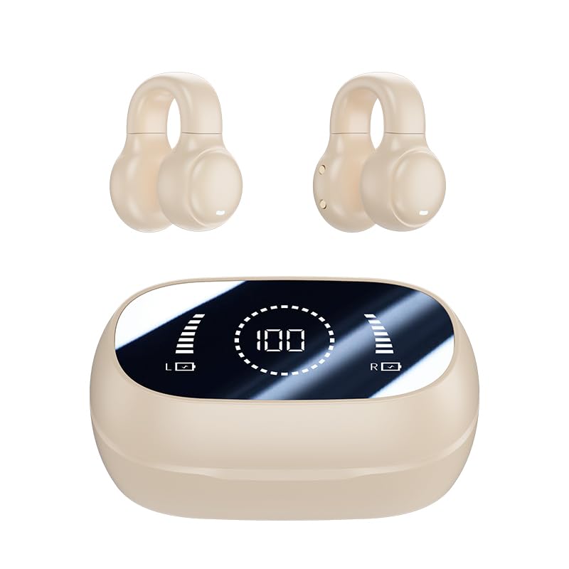 Spevert Open Ear Bone Conduction Wireless Earbuds - Bluetooth 5.3 Clip-On Headphones, IPX7 Waterproof, Sweatproof for Running, Cycling, Gym Workouts & Outdoor Sports (Apricot)