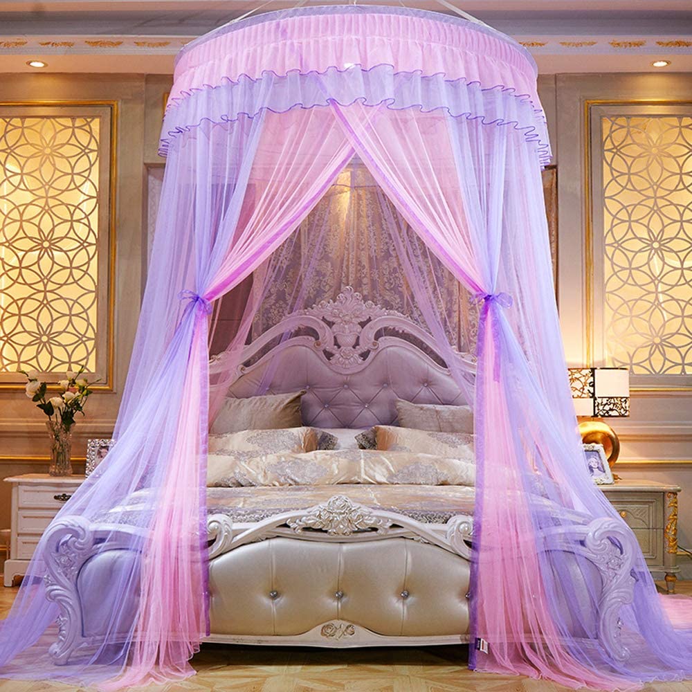 Elegant Lace Princess Bed Canopy Mosquito Net - Round Sheer Mesh Bed Curtain for Twin, Full, Queen & King Size Beds (Pink/Purple) | Perfect for Girls' Bedrooms, Nursery Decor & Romantic Wedding Settings