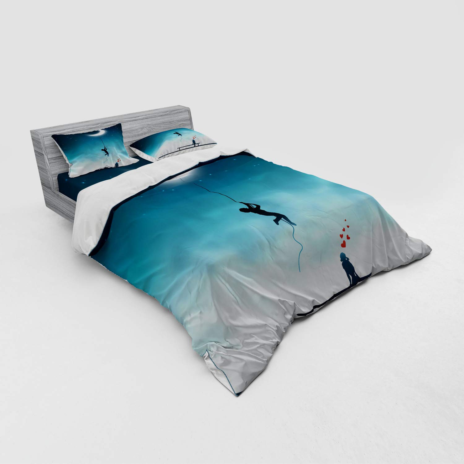 Ambesonne Fantasy Bedding Set - Queen Size 3-Piece Duvet Cover with Sham & Fitted Sheet, Teal & White, Romantic Moon & Bench Love Art - Perfect for Couples Bedroom Decor & Gift Ideas