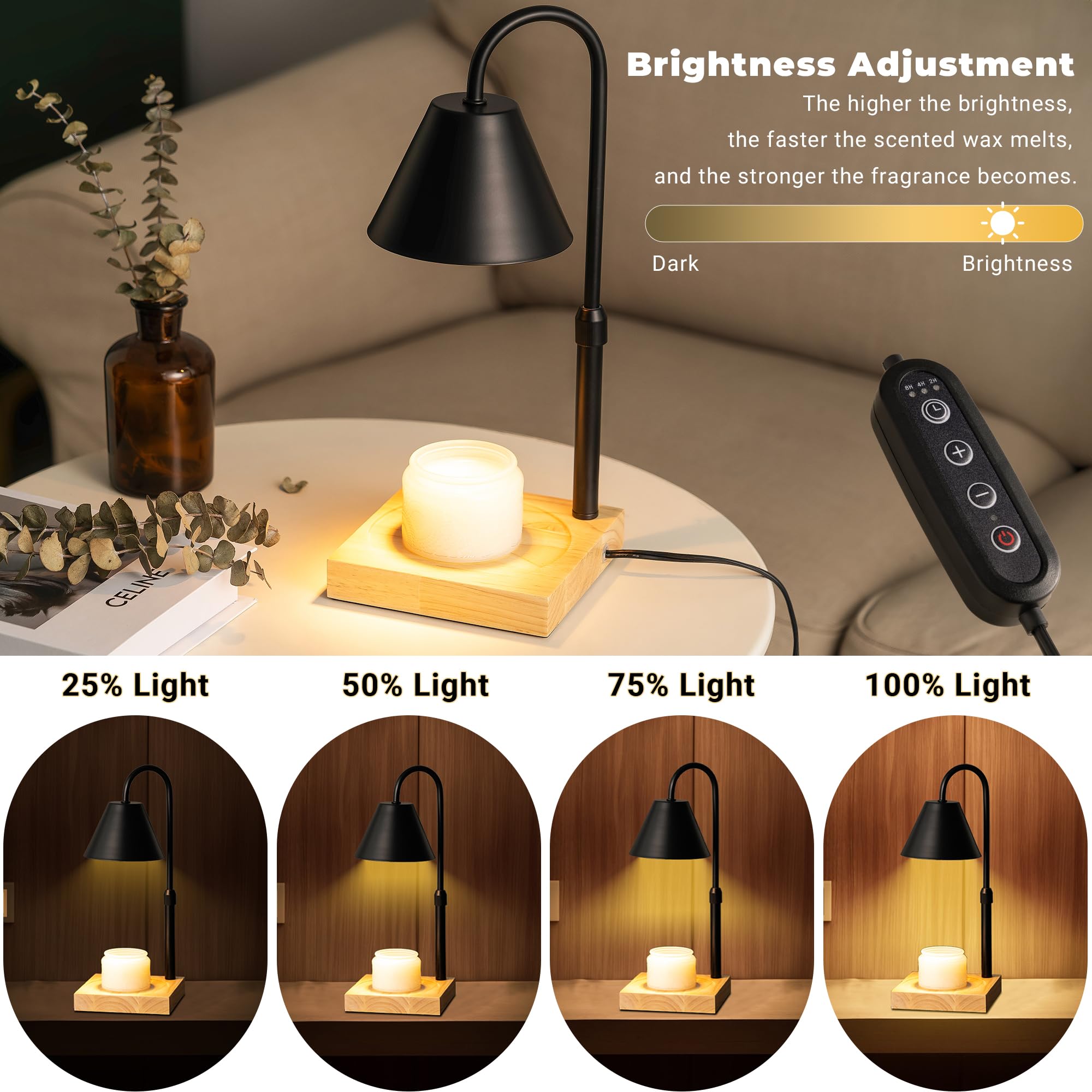 Black Dimmable Candle Warmer Lamp with Adjustable Height & Timer - Wooden Base Wax Melter for Scented Candles (Includes 2 Bulbs) - Perfect for Home Decor, Aromatherapy & Relaxation