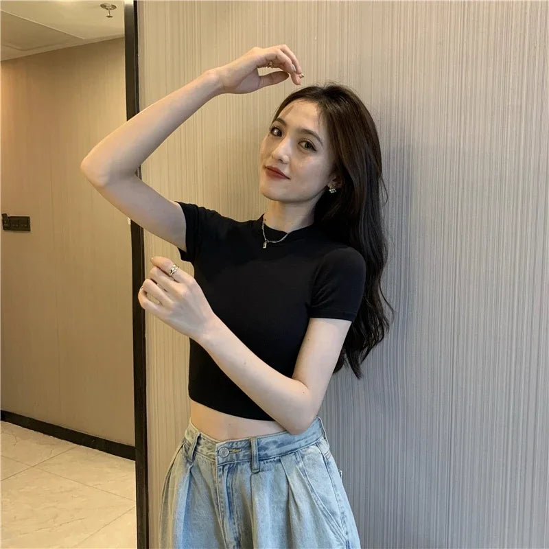 Stretch Slim Fit Women's T-Shirt - Solid Color Crew Neck Short Sleeve Basic Tee | Summer Casual Streetwear for Everyday Wear & Outfits