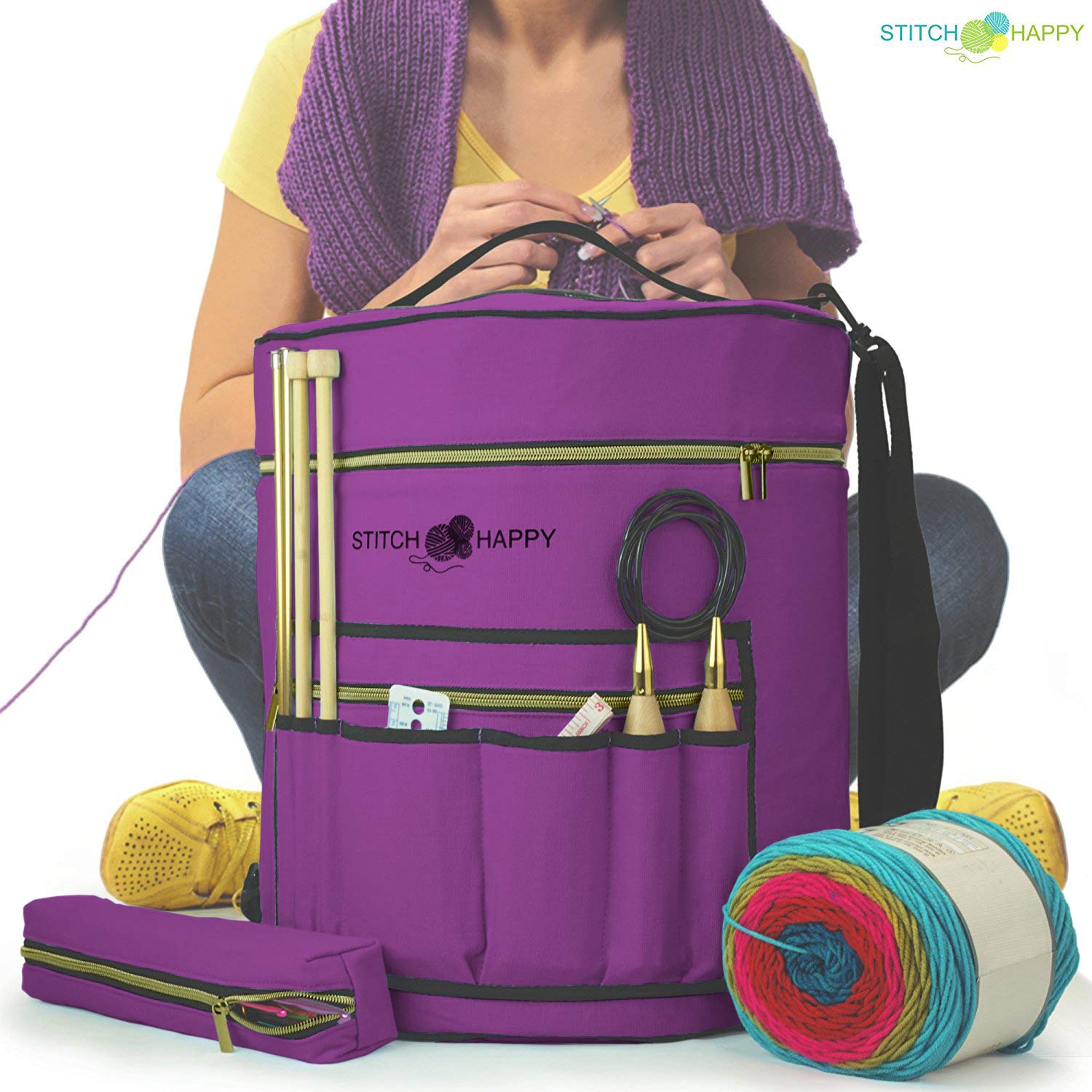 XL Knitting Bag (Lilac) - 7 Pocket Yarn Storage Organizer for Crochet & Knitting Projects | Perfect for Crafters, DIY Enthusiasts & On-the-Go Needlework