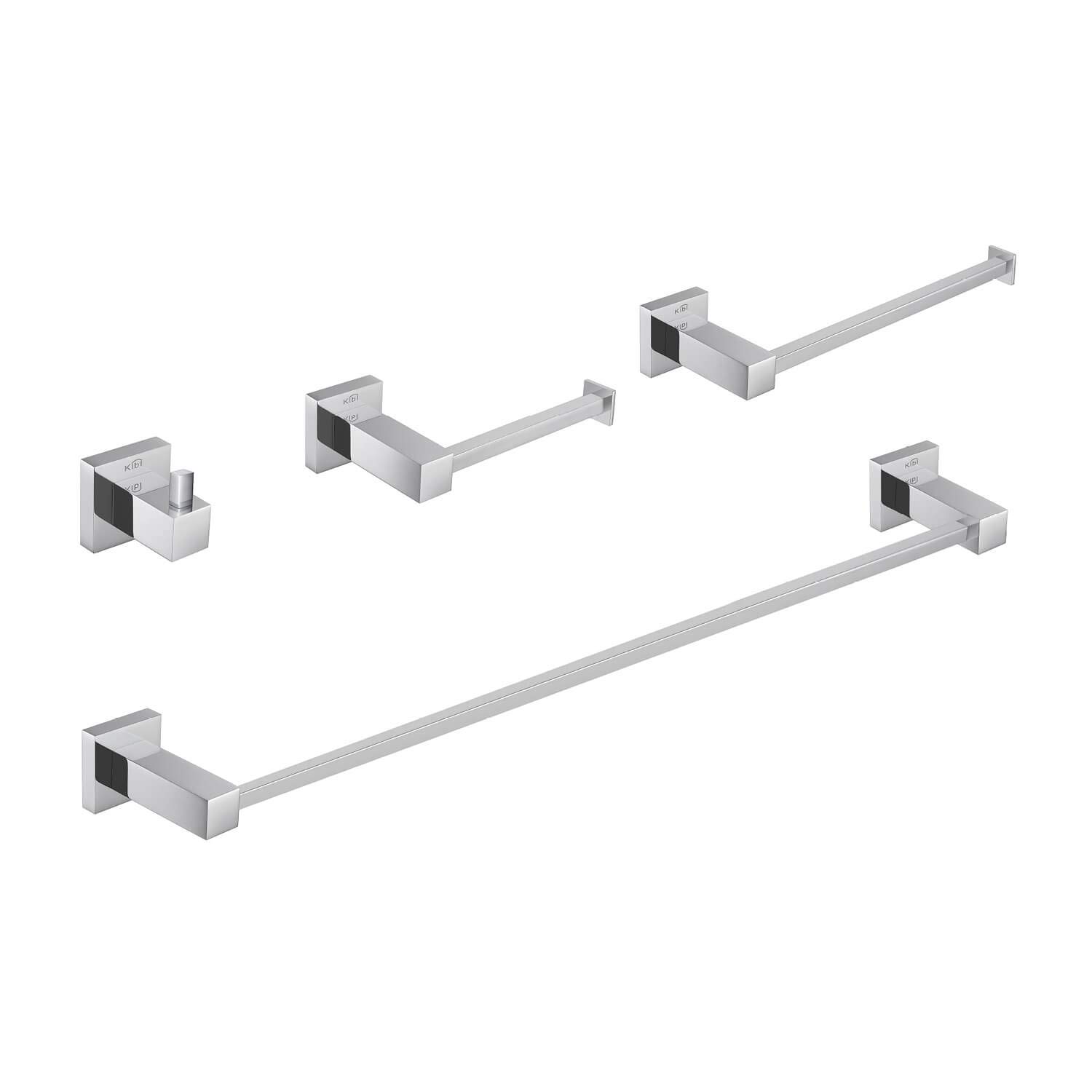 KIBI Cube 4-Piece Bathroom Hardware Set - Solid Brass Towel Bar, Towel Ring, Toilet Paper Holder & Robe Hooks - Chrome Finish (C-KBA15-4) | Modern Bathroom Accessories for Home & Hotel Decor