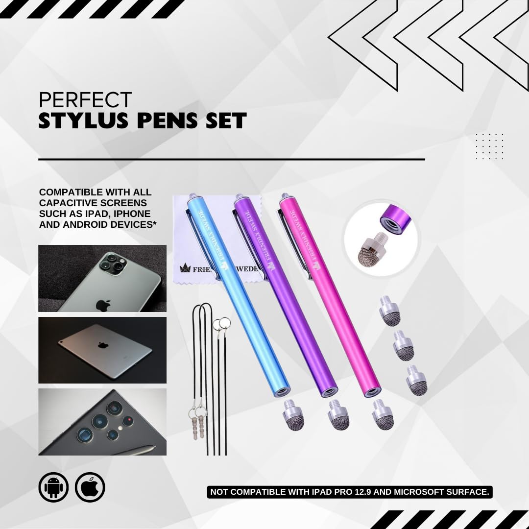 Friendly Swede Stylus Pen for iPad & iPhone - 3-Pack with Replaceable Tips for Touchscreen Use