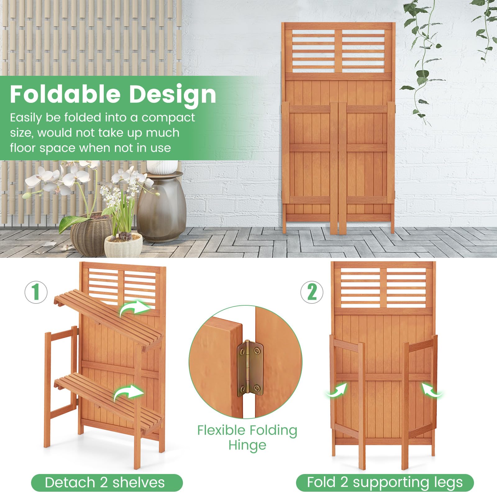 Folding Potting Bench with Trellis & 2-Tier Shelves - Sturdy Wooden Garden Workstation for Planting, Potting & Organizing - Perfect for Outdoor, Deck, Balcony, Backyard & Gardening Enthusiasts