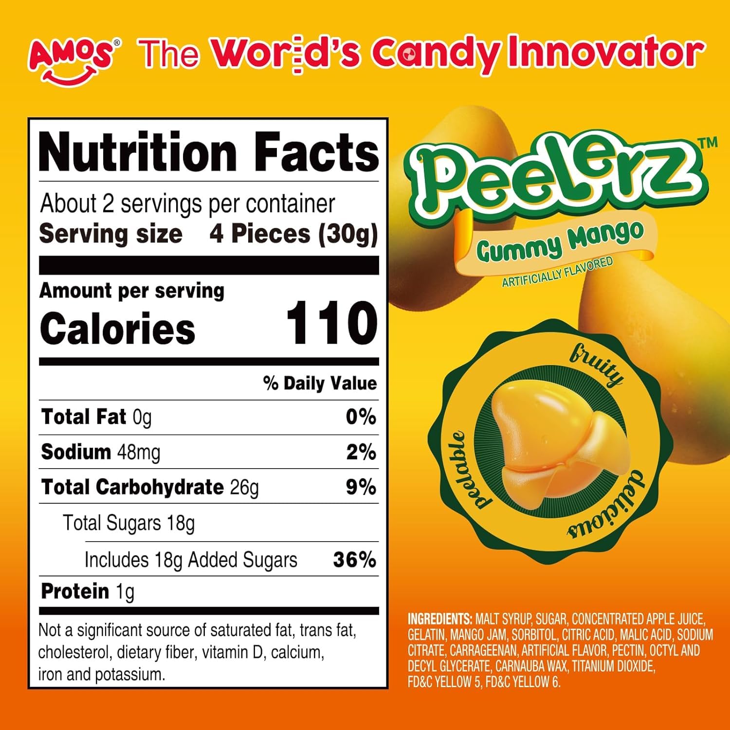 Amos Mango Peelerz Peelable Gummy Candy - Fruit Snacks Treats for Kids & Adults (62g) - Perfect for Lunchboxes, Parties & On-the-Go Snacking