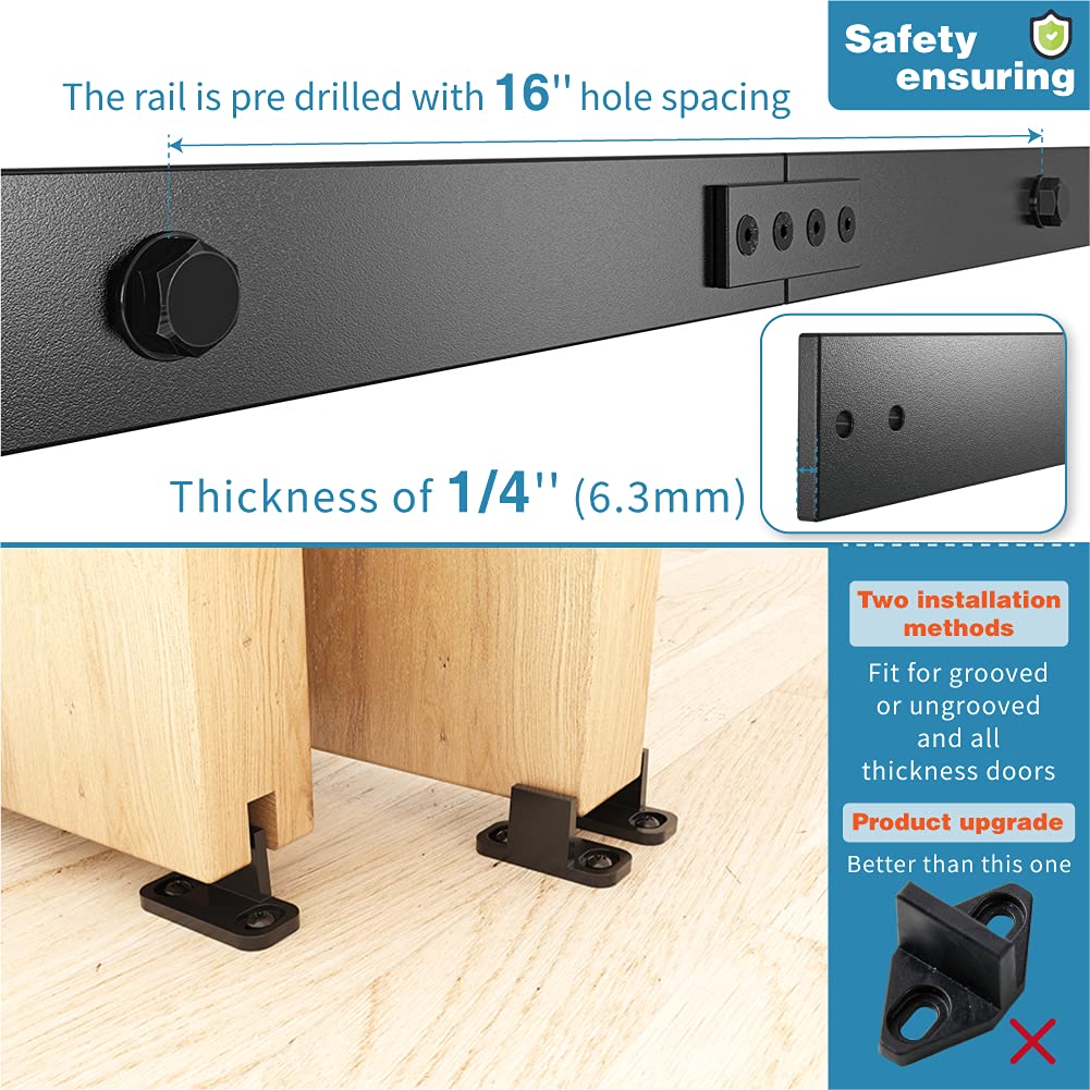 ZEKOO 8FT Single Track Bypass Sliding Barn Door Hardware Kit for Double Doors - Low Profile J-Shape Hanger System with Flat Track Rollers | Perfect for Bedrooms, Closets & Farmhouse Style Homes