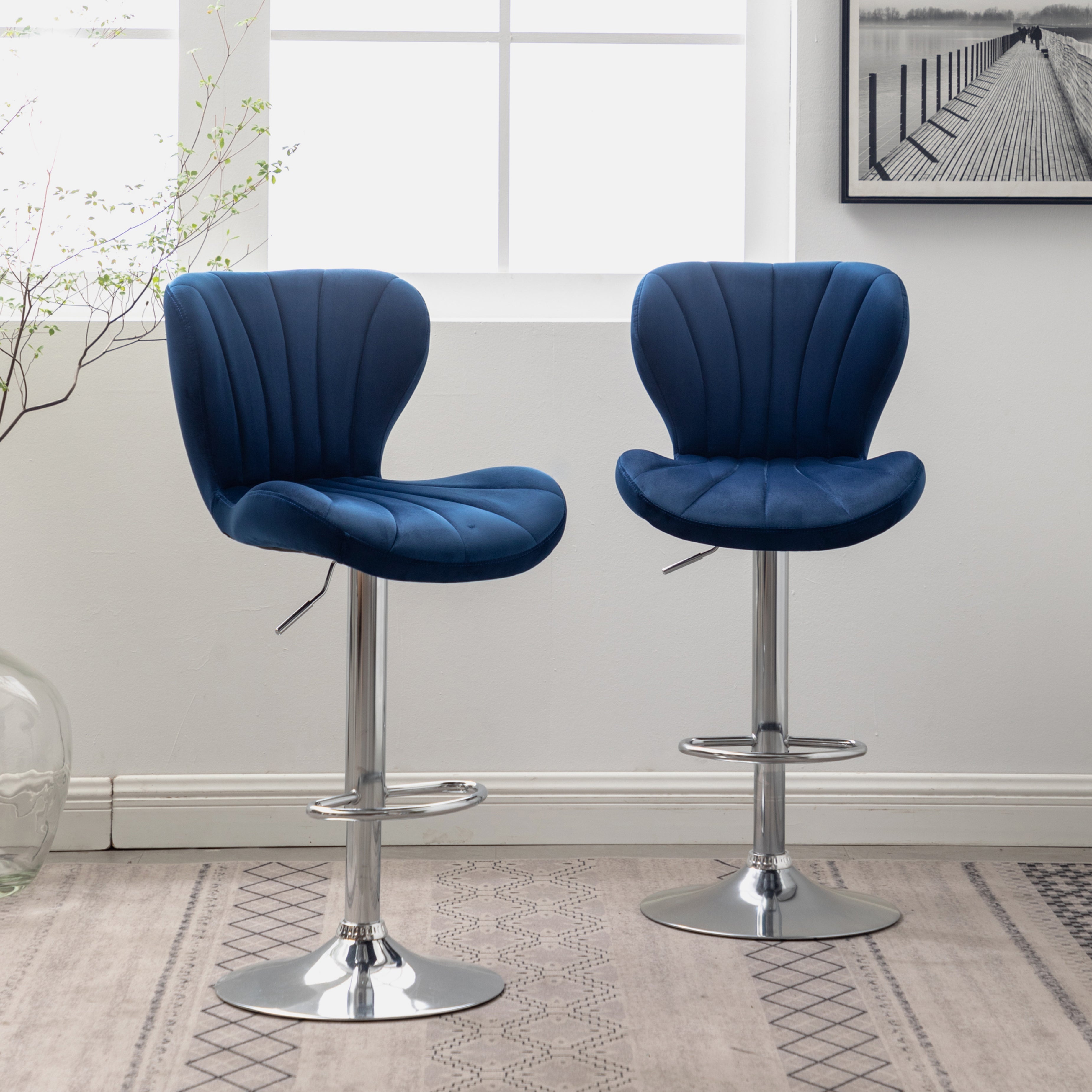 Roundhill Furniture Ellston Blue Upholstered Adjustable Swivel Bar Stools - Set of 2 for Kitchen Island, Breakfast Nook & Home Bar Styling