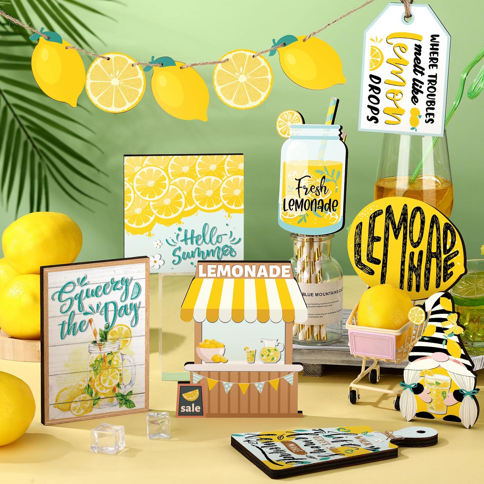 Qunclay 13 Pcs Lemon Tiered Tray Decor - Rustic Farmhouse Wooden Signs for Kitchen, Summer Lemonade Party & Home Decor | Perfect for Table Centerpieces, Wall Decor, and Seasonal Display