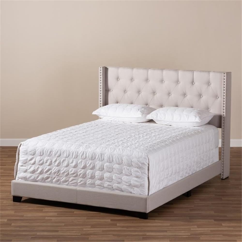 BOWERY HILL Modern Upholstered Fabric Tufted King Size Bed Frame in Beige - Luxury Bedroom Furniture for Master Suite & Guest Room