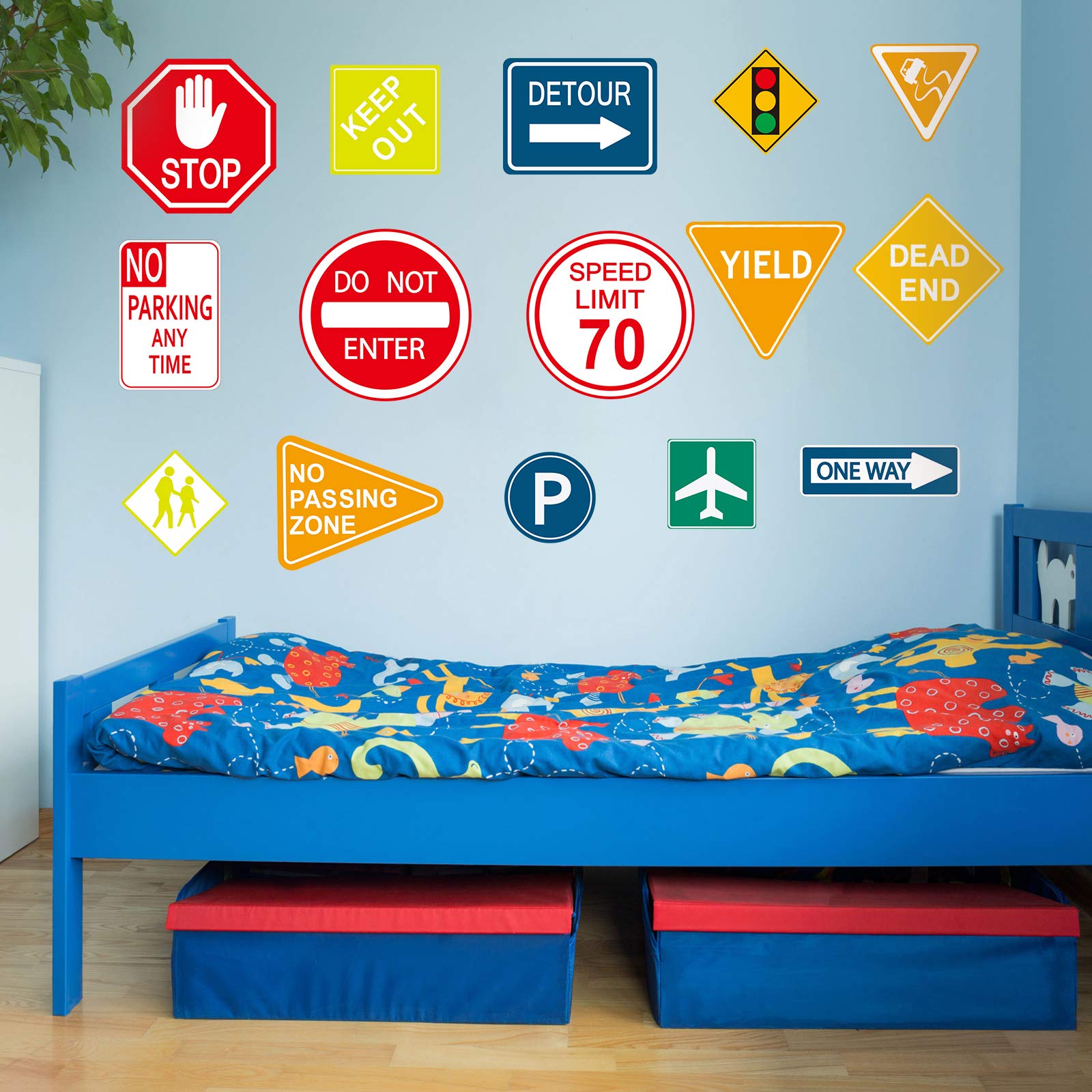 Zonon 15-Piece Road Signs Wall Decal Set - Traffic Street Sign Stickers, Stop & Transportation Vinyl Wall Decals for Kids Bedroom, Classroom & Playroom Decor - Perfect for Birthday Parties & Educational Play Spaces