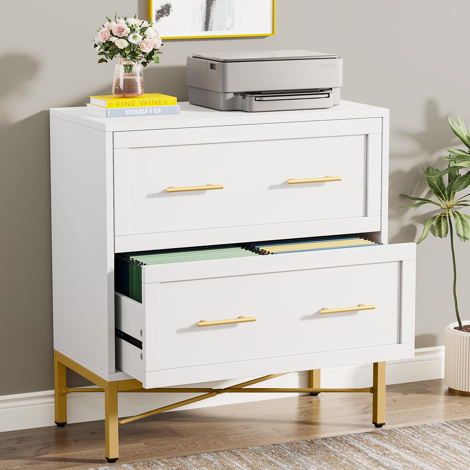 Tribesigns 2-Drawer White & Gold File Cabinet - Modern Lateral Filing Cabinet for Letter/Legal/A4 Documents - Wood Storage Cabinet with Printer Stand for Home & Office - Perfect for Organizing Files, Office Supplies & Workspace Essentials