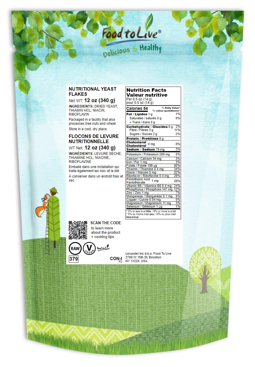 Food to Live Nutritional Yeast Flakes - 12oz Fortified Large Flakes | Vegan, Unsweetened, Inactive | High in Protein & Vitamins | Perfect for Baking, Vegan Cheese, Sauces & Salad Toppings | Bulk Pantry Staple for Healthy Cooking