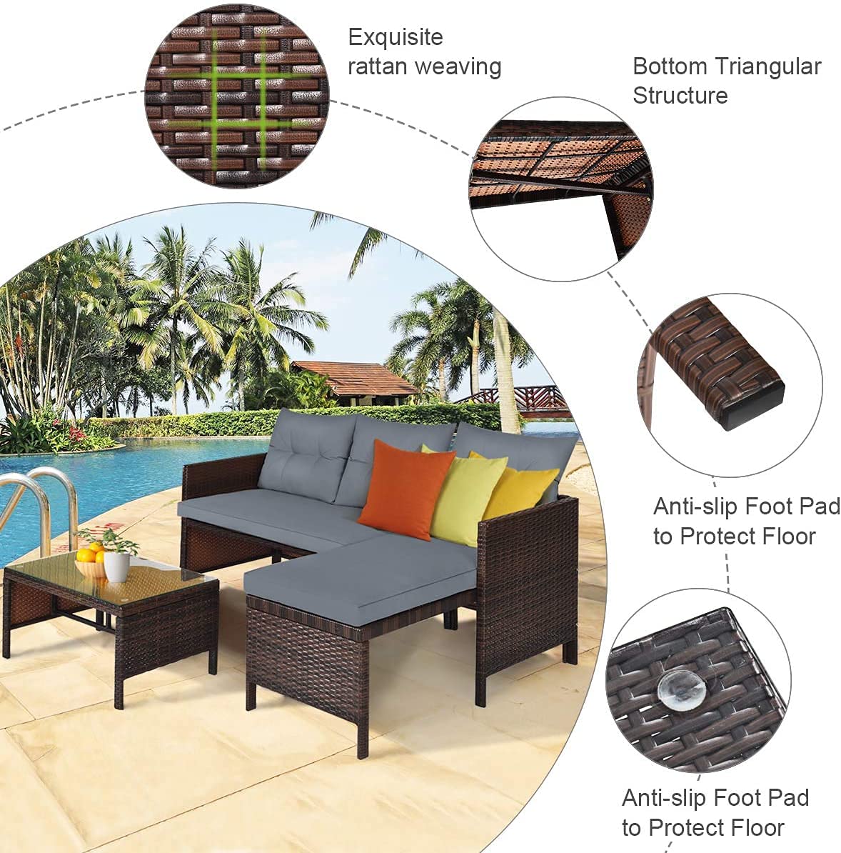 LUARANE 3-Piece Outdoor Patio Corner Sofa Set with Lounge Chair, Double Chair & Coffee Table - Waterproof Grey Wicker Furniture for Garden, Poolside, Backyard & Lawn Relaxation | Durable All-Weather Conversation Set for Outdoor Entertaining