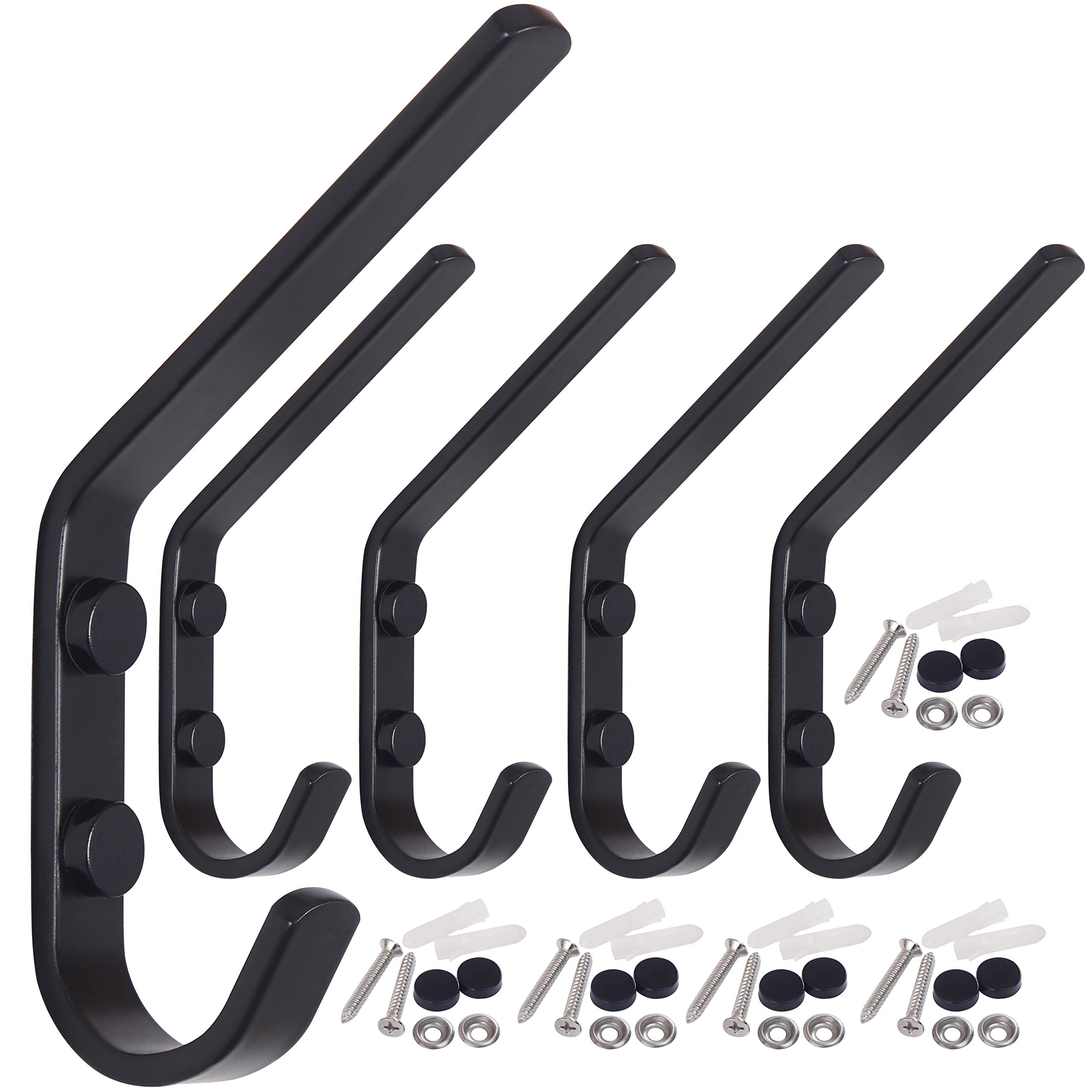 Heavy Duty Metal Dual Wall Hook Rack - 5 Pack Black Coat Hooks for Bathroom, Kitchen, Office, Entryway & Closet Organization | Durable Double Prong Robe Hooks for Towels, Hats, Bags & Coats