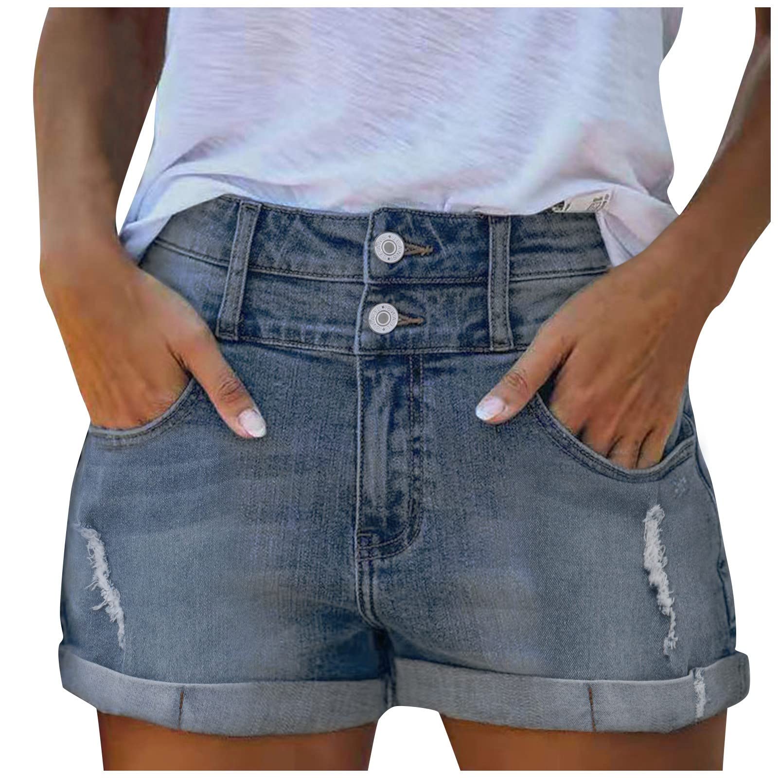 Women's High Waist Distressed Denim Shorts with Pockets - Vintage Washed Casual Jean Shorts for Summer Outfits, Beachwear & Street Style