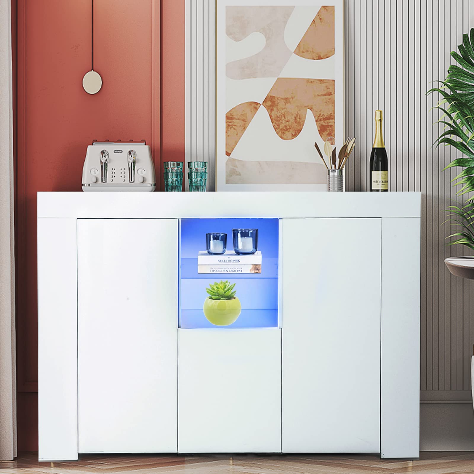 Eytruty High Gloss LED Kitchen Storage Cabinet - 16 Color Changing Buffet Server with 2 Doors & Drawer - Modern Sideboard for Dining Room, Hallway Display & Kitchen Organization (Perfect for Entertaining & Home Storage Solutions)