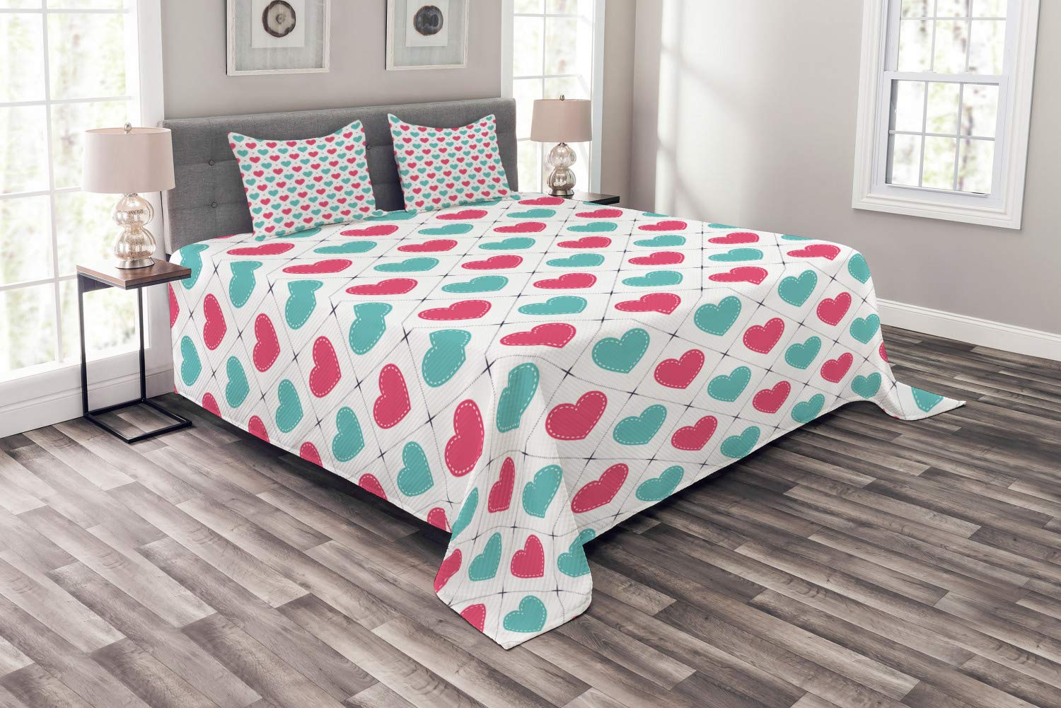 Ambesonne Valentine's Day King Size Bedspread Set - 3 Piece Quilted Coverlet with 2 Pillow Shams, Diagonal Heart Square Pattern in Seafoam Dark Coral | Romantic Bedroom Decor for Couples Gift