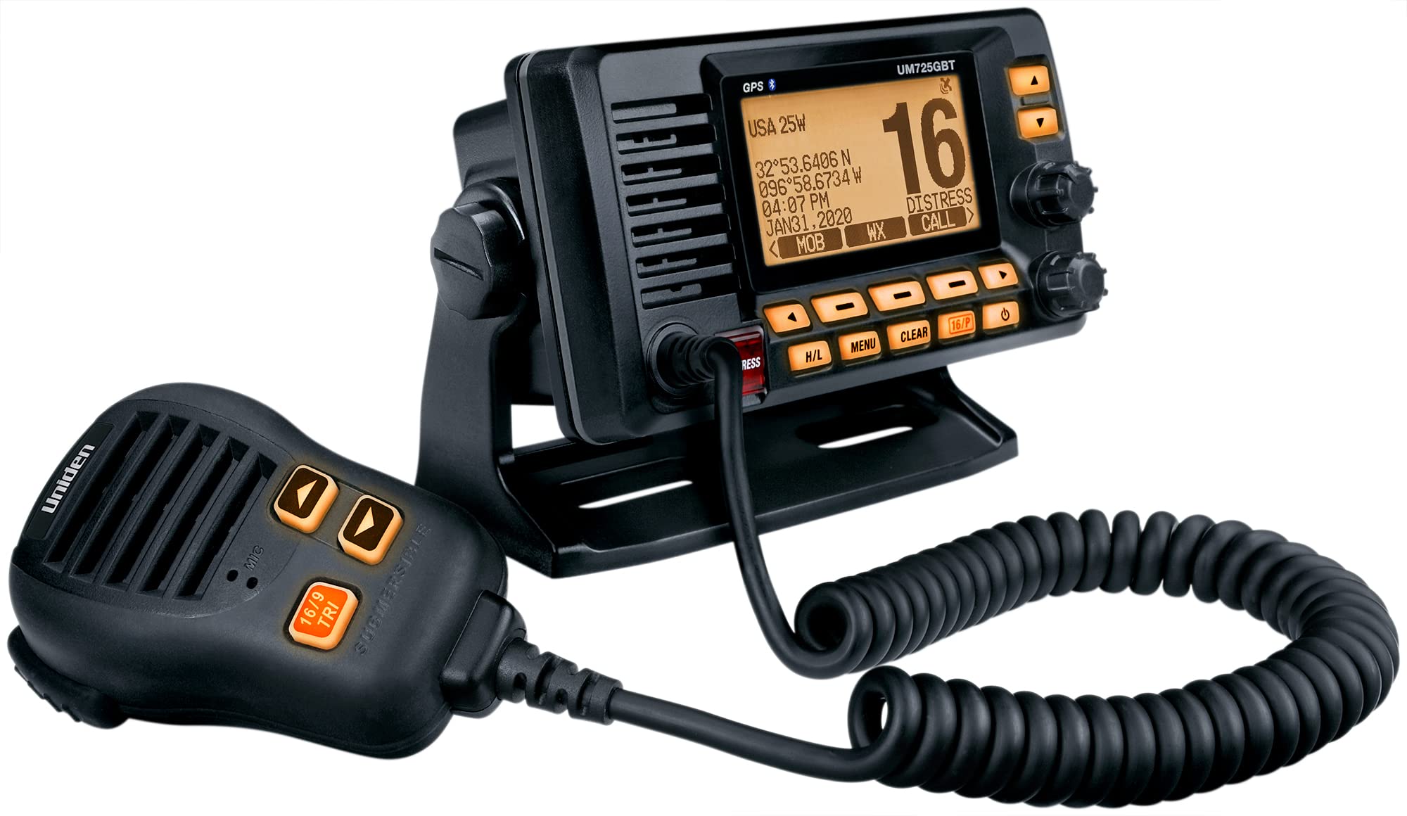 Uniden UM725GBTBK Marine VHF Radio with Built-in GPS & Bluetooth | 1W/25W Transmit Power | NOAA Weather Channels | Large LCD Screen | USA/Canada/International Marine Channels | Perfect for Boating, Fishing & Emergency Communication