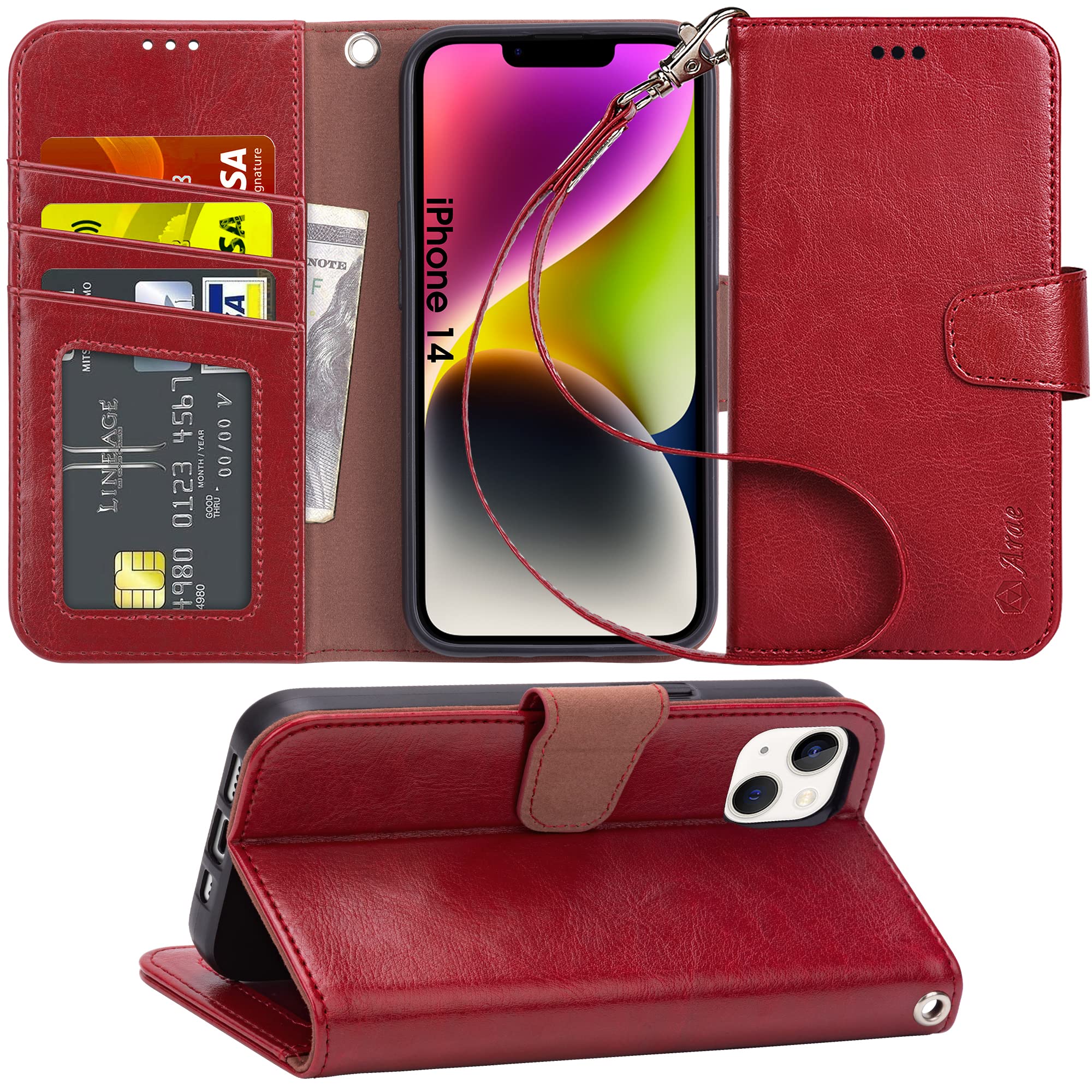 Arae iPhone 14 Wallet Case with Card Holder & Wrist Strap - Flip Cover for iPhone 14 6.1 Inch (Wine Red) - Perfect for Daily Use, Travel, and Hands-Free Convenience