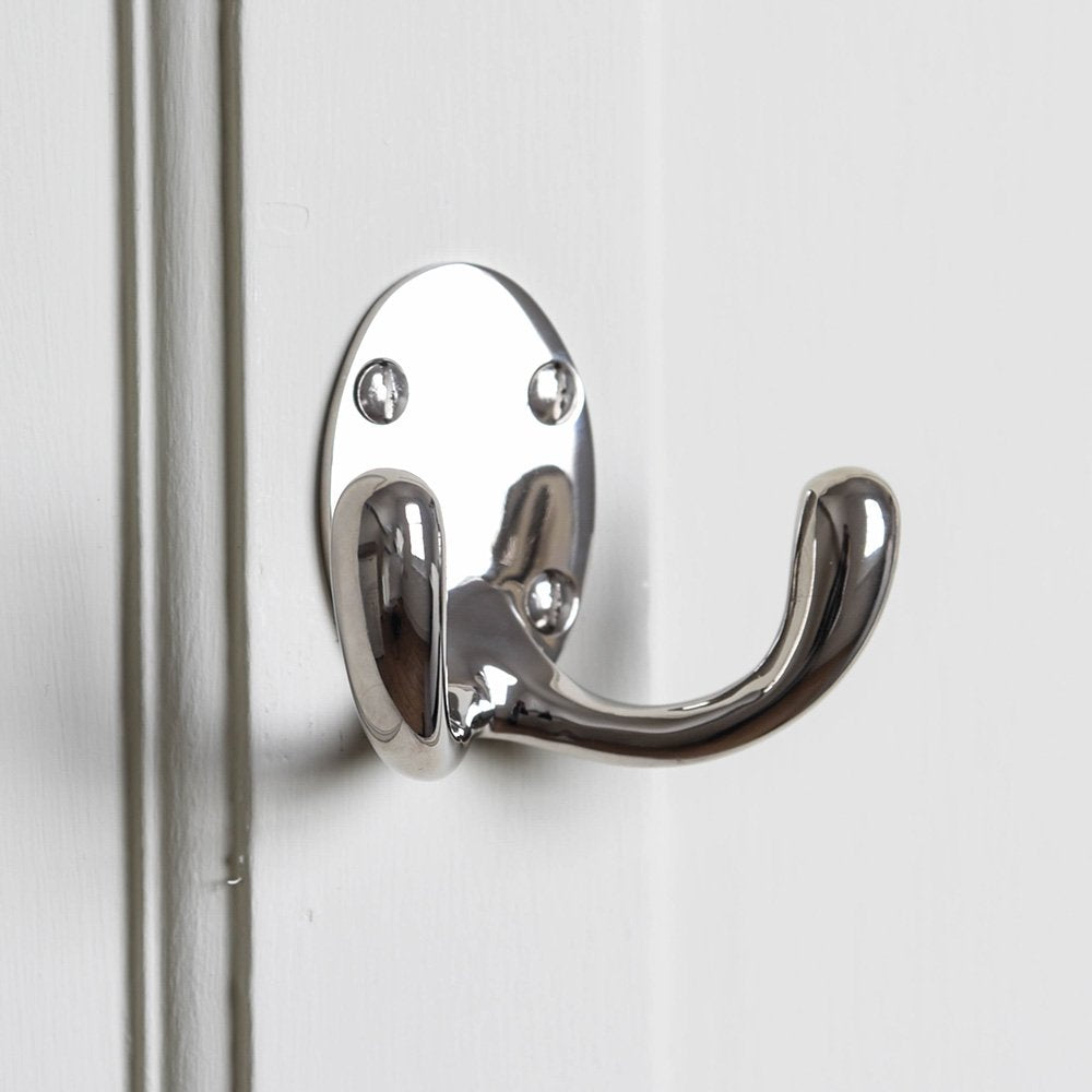 Polished Nickel Double Wardrobe Hook - Heavy Duty Large Coat Hooks for Bedroom, Bathroom & Entryway Organization