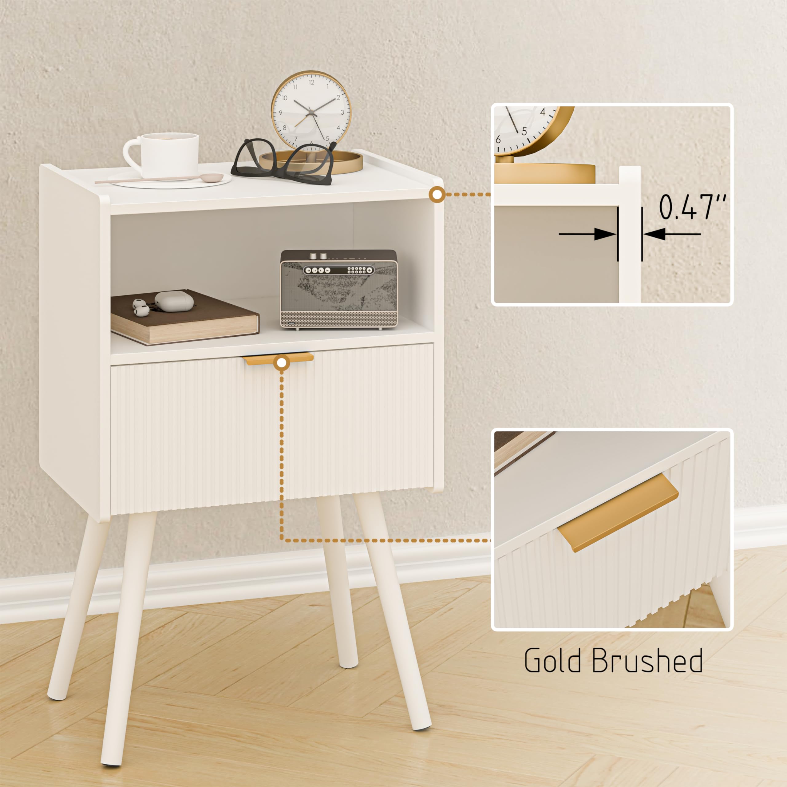 Modern White Nightstand with Storage Drawer & Open Shelf - Solid Wood Legs Bedside Table for Bedroom, Living Room & Small Spaces - Easy Assembly Classic Design - Perfect for Reading Nook, Guest Room & Apartment Decor