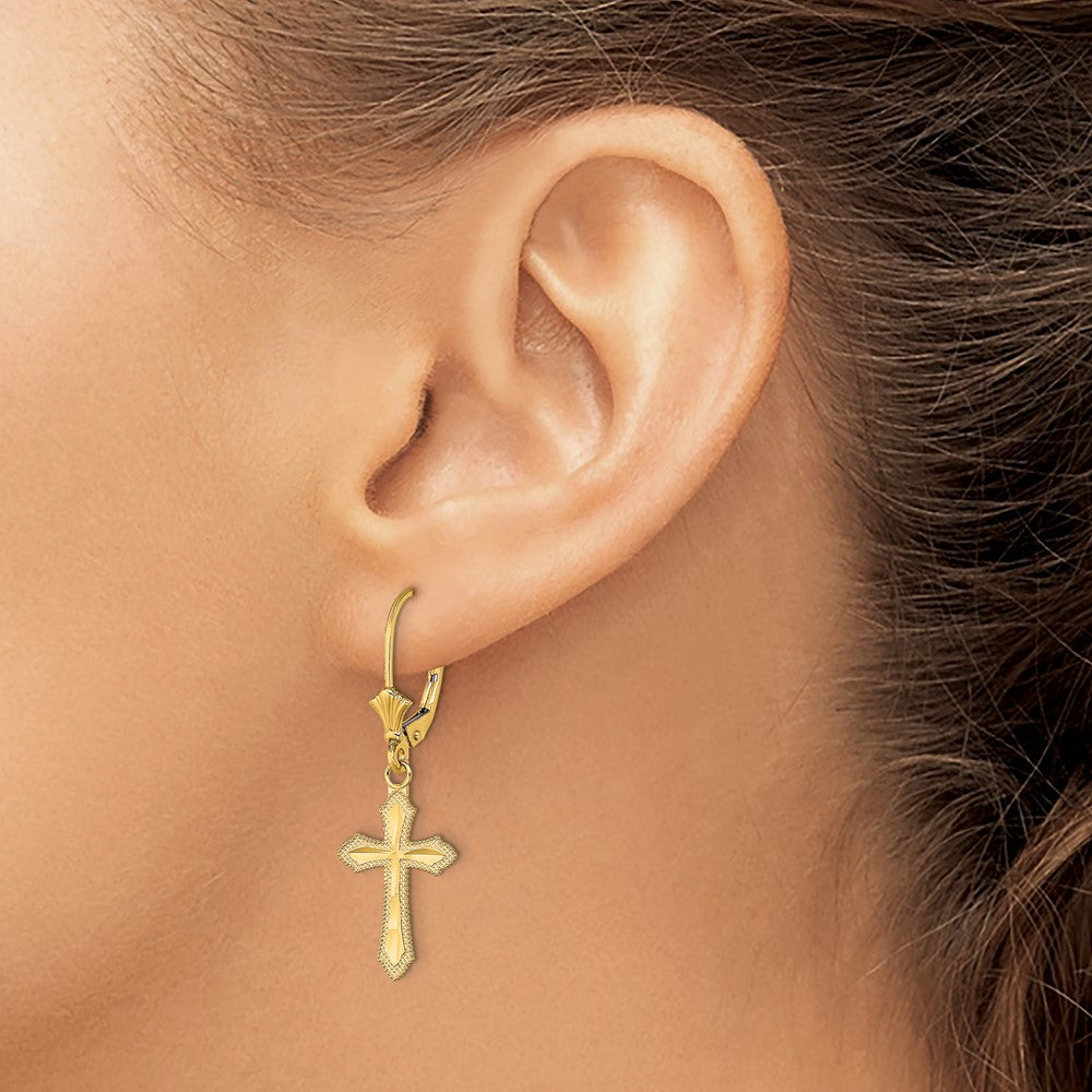 Gold Diamond Cut Cross with Beaded Edge Leverback Earrings TF1778 - Elegant Religious Jewelry for Women, Perfect for Church, Weddings & Special Occasions