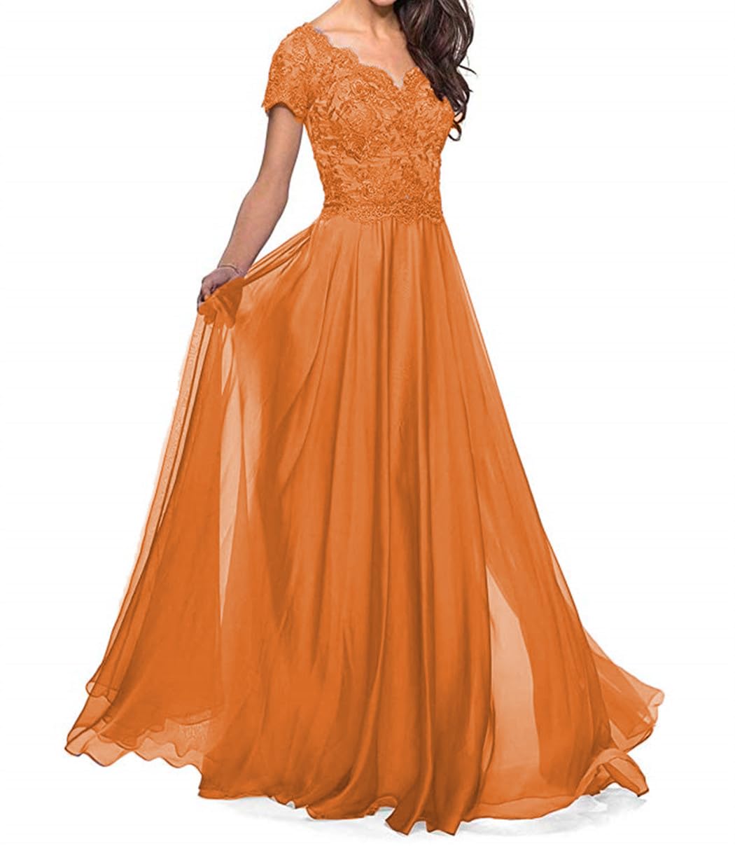 Elegant Lace Appliques Mother of The Bride Dresses - Long Chiffon A-Line Short Sleeves Wedding Party Gowns for Women | Perfect for Formal Weddings, Evening Galas & Special Occasions