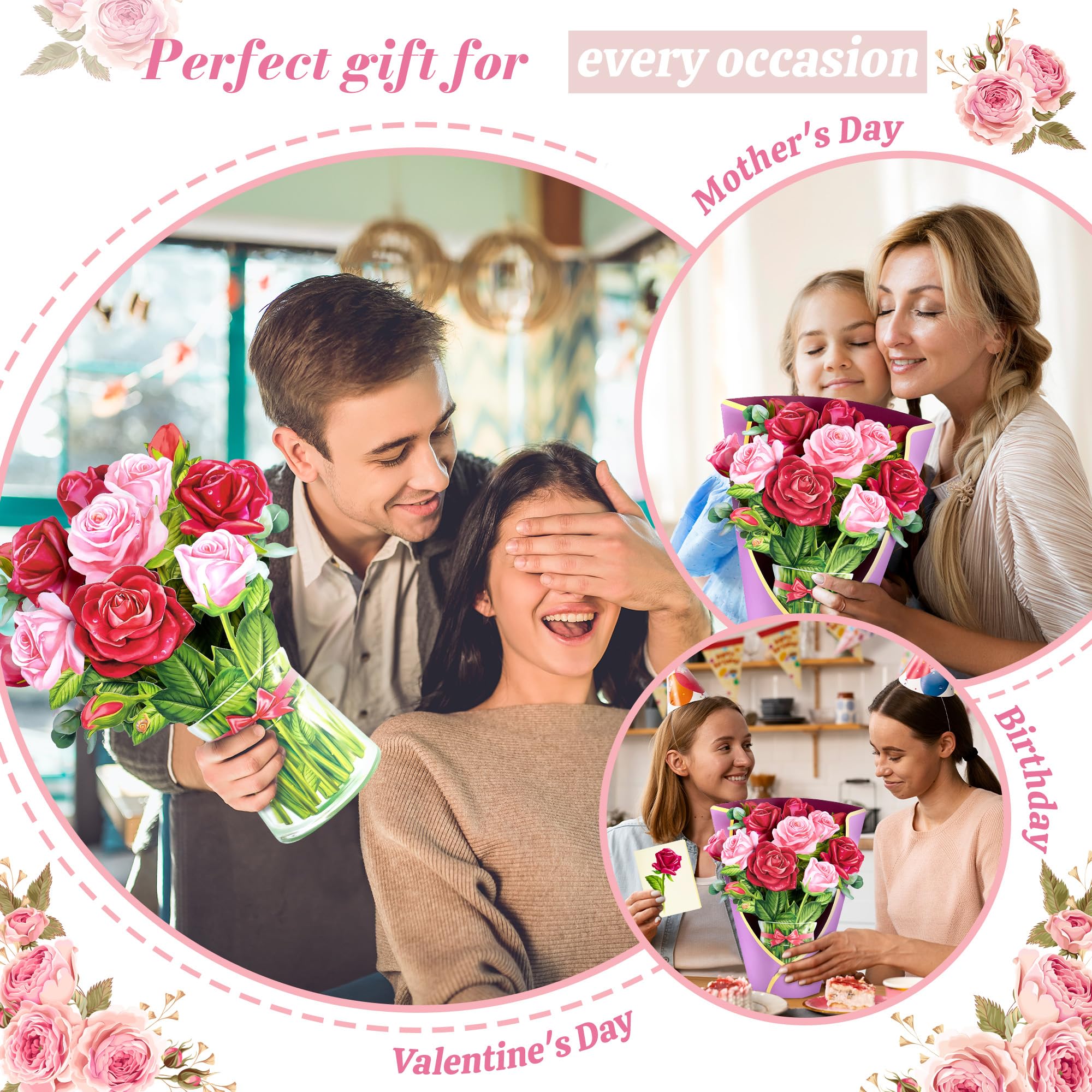 Beautiful Paper Flower Bouquet Pop-Up Greeting Cards Set - Perfect Gift for Mom, Grandma, Teachers & Women (Includes Note Card & Envelope) - Ideal for Birthdays, Thank You, Appreciation & Special Occasions