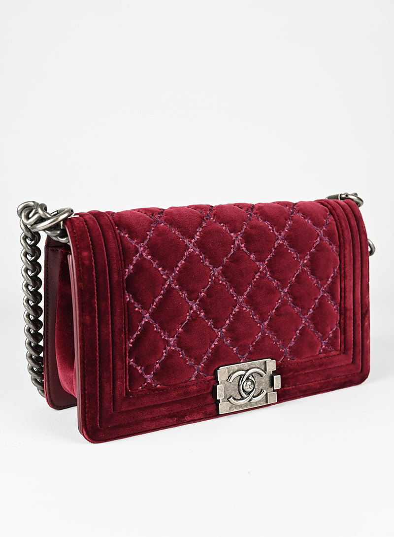 Chanel Burgundy Velvet Boy Bag - Luxury Quilted Shoulder Bag for Women | Perfect for Evening Parties, Weddings & Special Occasions