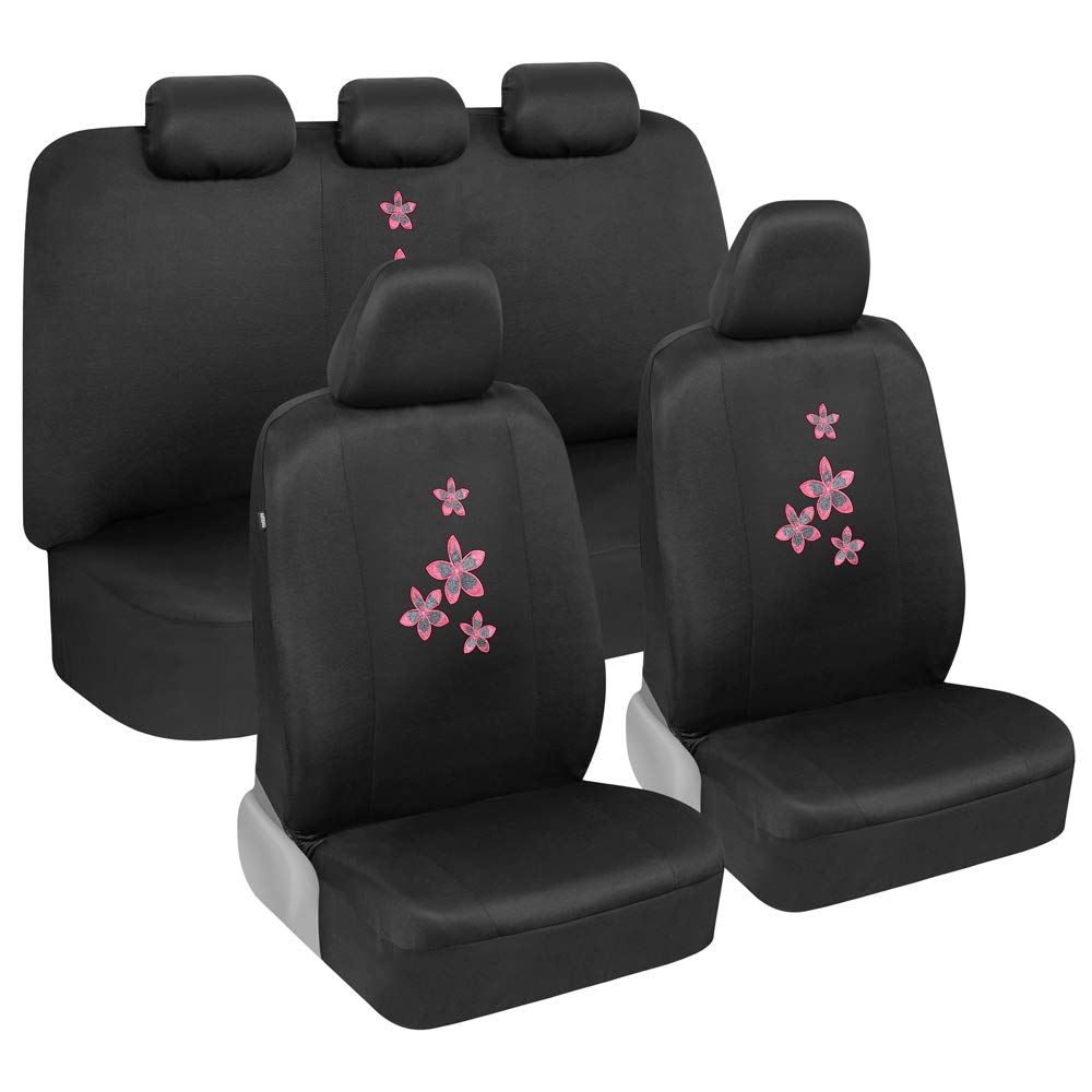 BDK Pink Floral Car Seat Covers Full Set with Steering Wheel Cover & Seat Belt Pads - Universal Fit for Cars, Trucks, Vans & SUVs | Premium Embroidered Accessories | Perfect for Daily Commute, Road Trips & Car Interior Protection