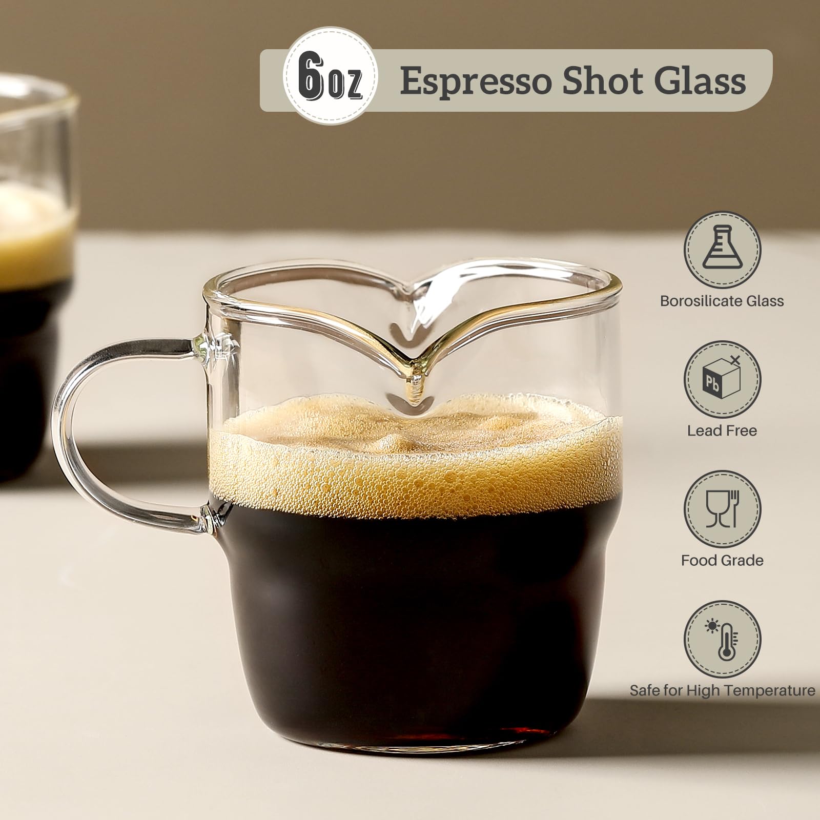 NETANY 6oz Espresso Cups Set of 2 - Double Spout Stackable Glass Mugs with Handle - Clear Coffee Shot Glasses for Espresso Machines & Coffee Bars - Perfect for Home Cafes, Restaurants & Gifts