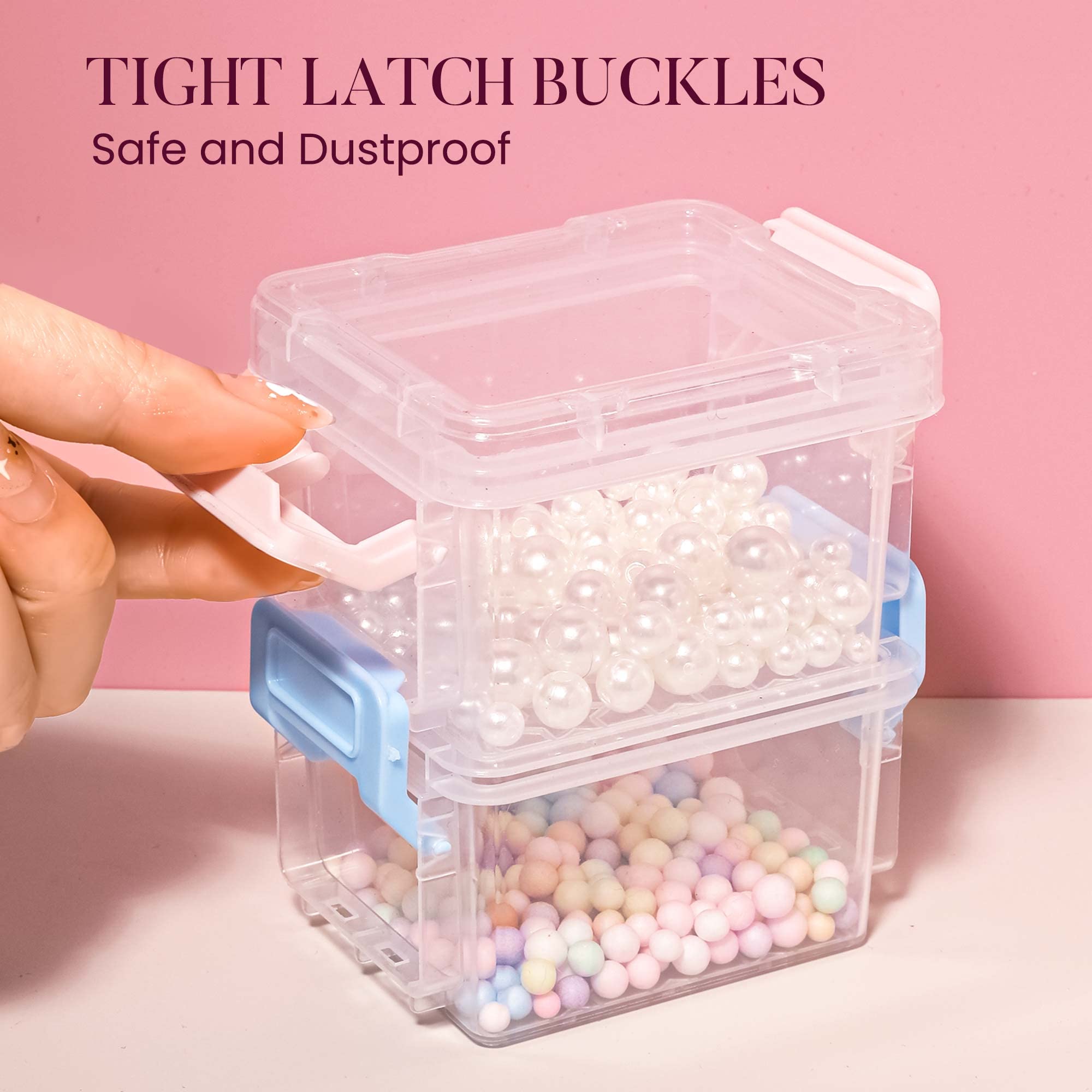 6 Pack Small Plastic Storage Bins with Lids - Colorful Stackable Bead Organizer Containers for Crafts, Jewelry & Small Items - Green & Pink - Perfect for Craft Rooms, Office & Home Organization