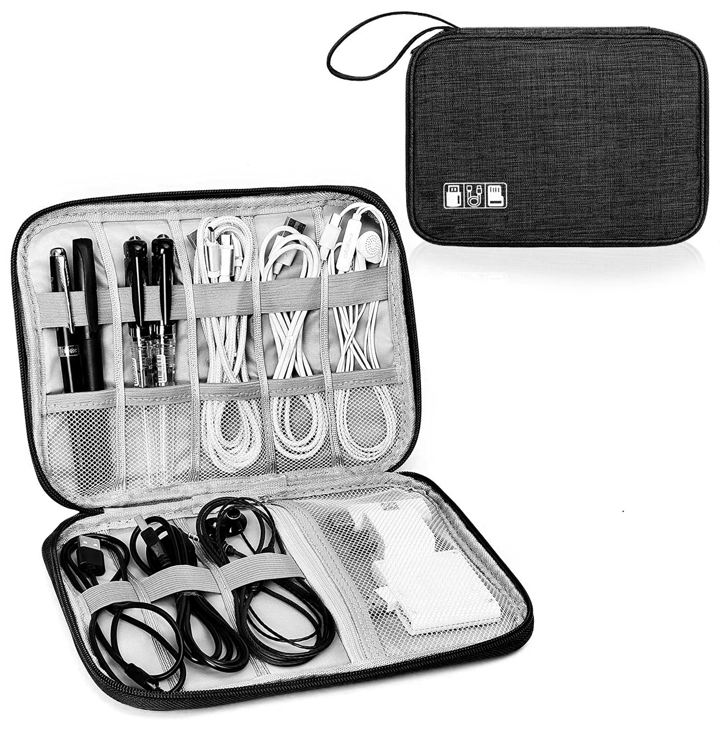 Woodland Cable Organizer Bag - Travel Electronics Organizer for Chargers, Cables, USB Drives, SD Cards, Power Banks & Hard Drives with Handle (Black) - Perfect for Business Trips, Vacations & Daily Commute