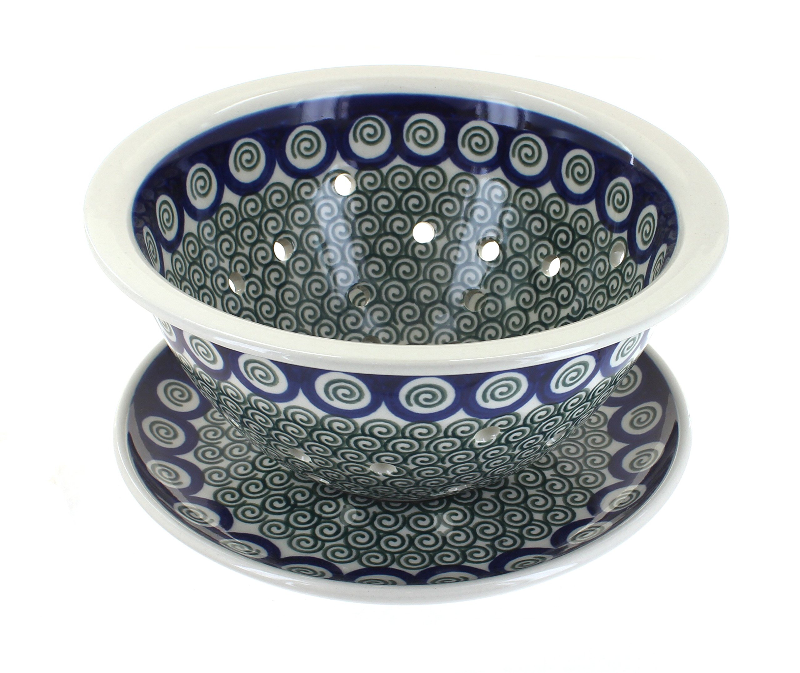 Handmade Blue Rose Polish Pottery Peacock Swirl Berry Bowl & Plate Set - Elegant Fruit Serving Dish for Desserts, Snacks, and Table Decor