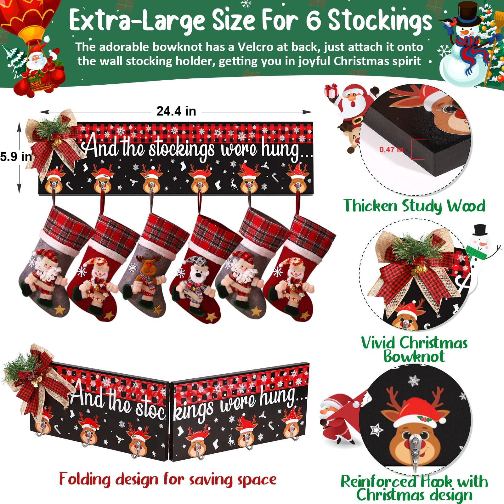 Wooden Christmas Stocking Holder for Mantel - 24.4 Inch Collapsible Fireplace Stocking Hanger with 6 Hooks - Perfect for Holiday Decor, Wall Hanging, and Festive Mantel Display - Xmas Stocking Organizer for Fireplace Decorations