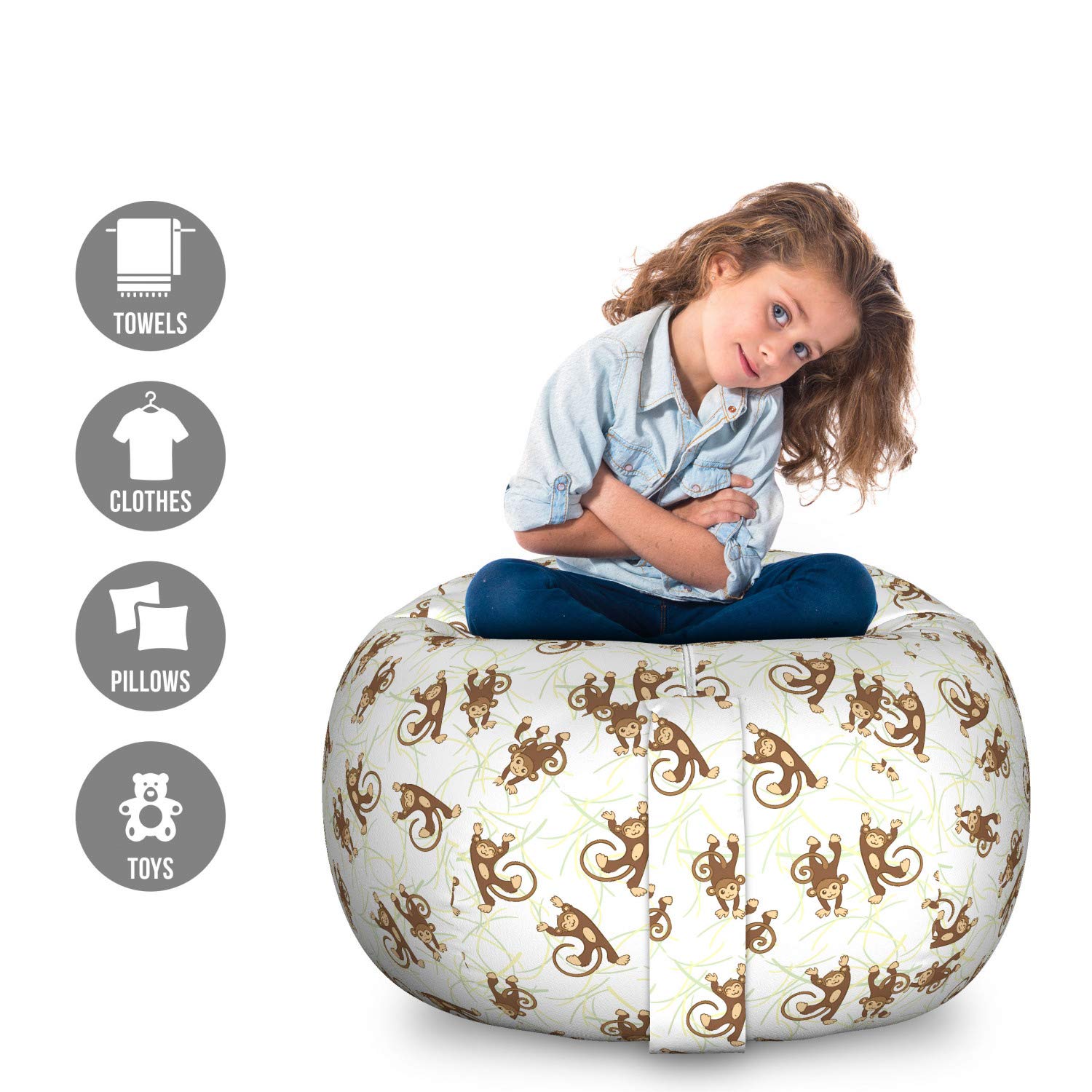 Ambesonne Forest Friends Toy Storage Bag Chair - Large Washable Stuffed Animal Organizer with Cheerful Monkey Pattern in Umber Pastel Brown | Perfect for Kids' Room Organization & Playroom Decor