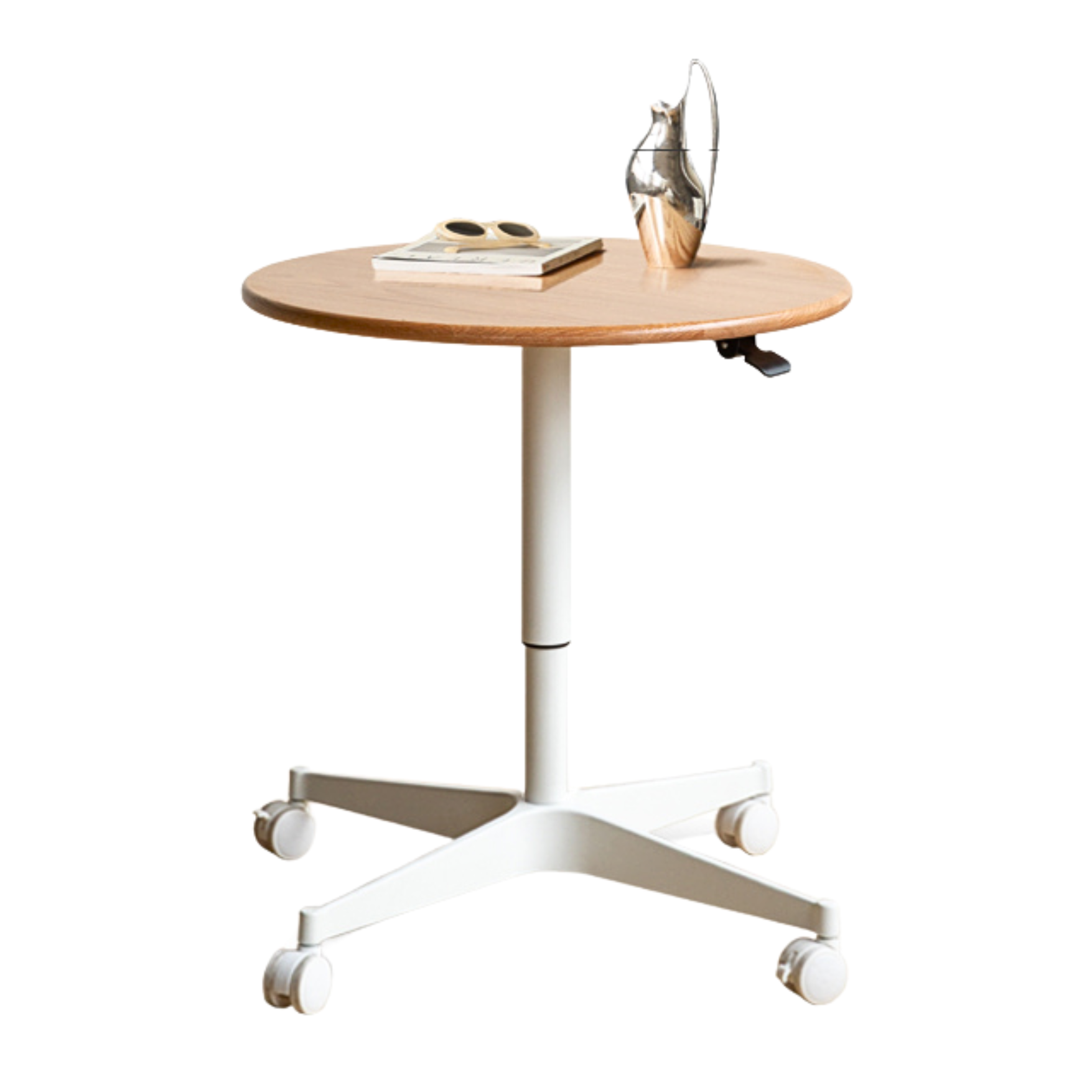 23.6x23.6x22-32.3 inch/ 60x60x56-82 cm/ Natural wood color/  Oak round table white and silver metal legs