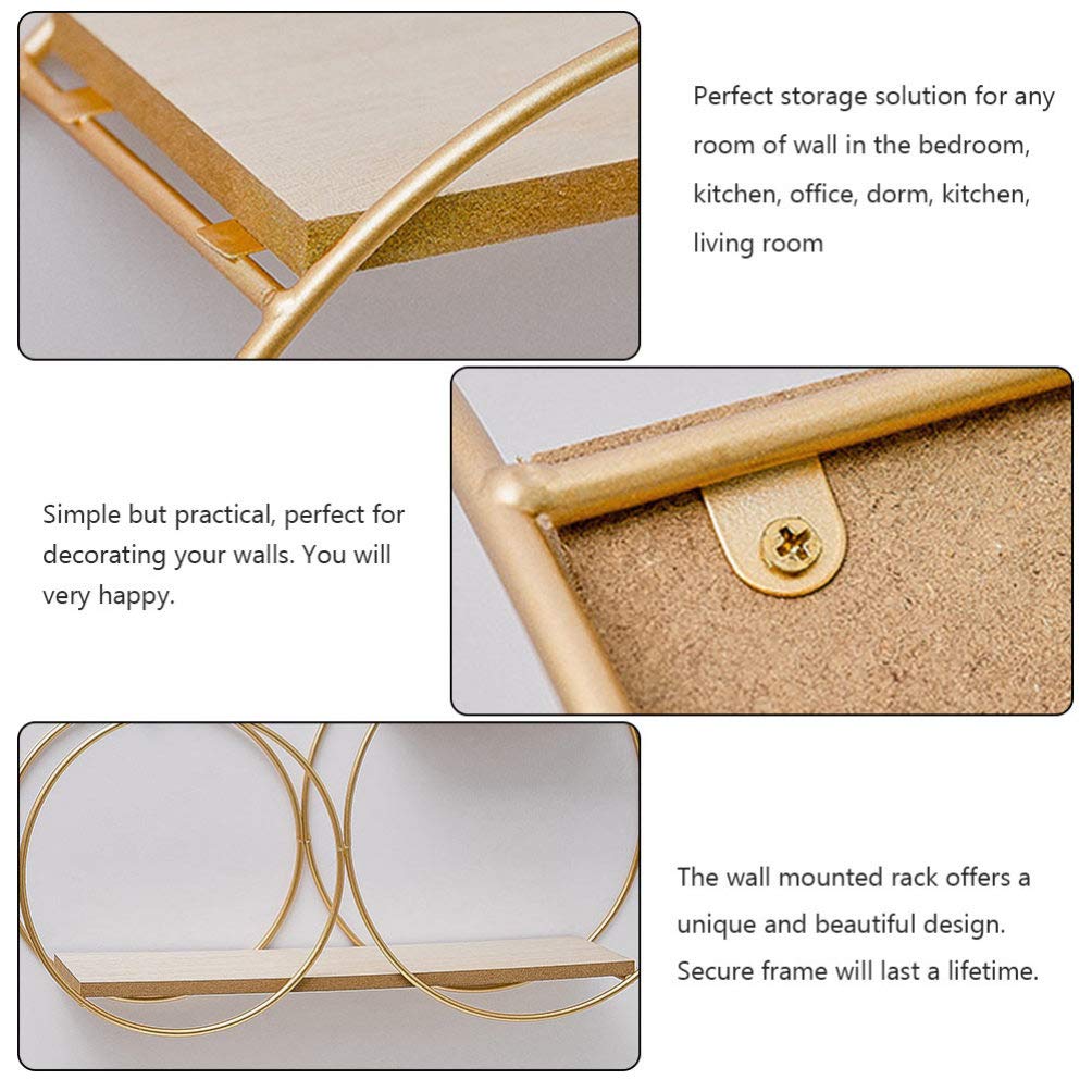 Modern Circular Floating Shelf Wall Mount - Metal Storage Display Rack with Wooden Base for Bedroom, Kitchen, Living Room, Office & Dorm | Golden Metal Wall Shelves for Home Organization & Decor