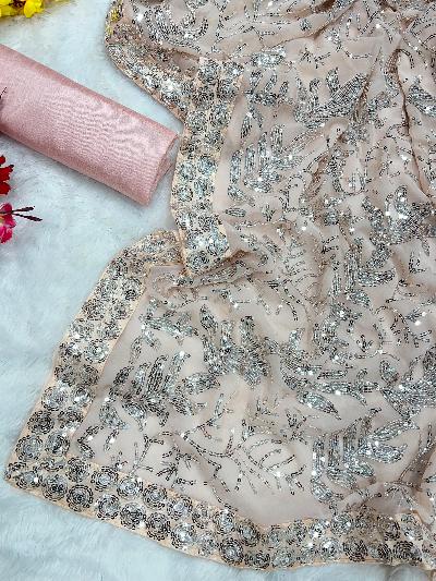 Peach Georgette Saree with Sequins Embroidery - Elegant Indian Party Wear for Weddings, Festivals & Special Occasions