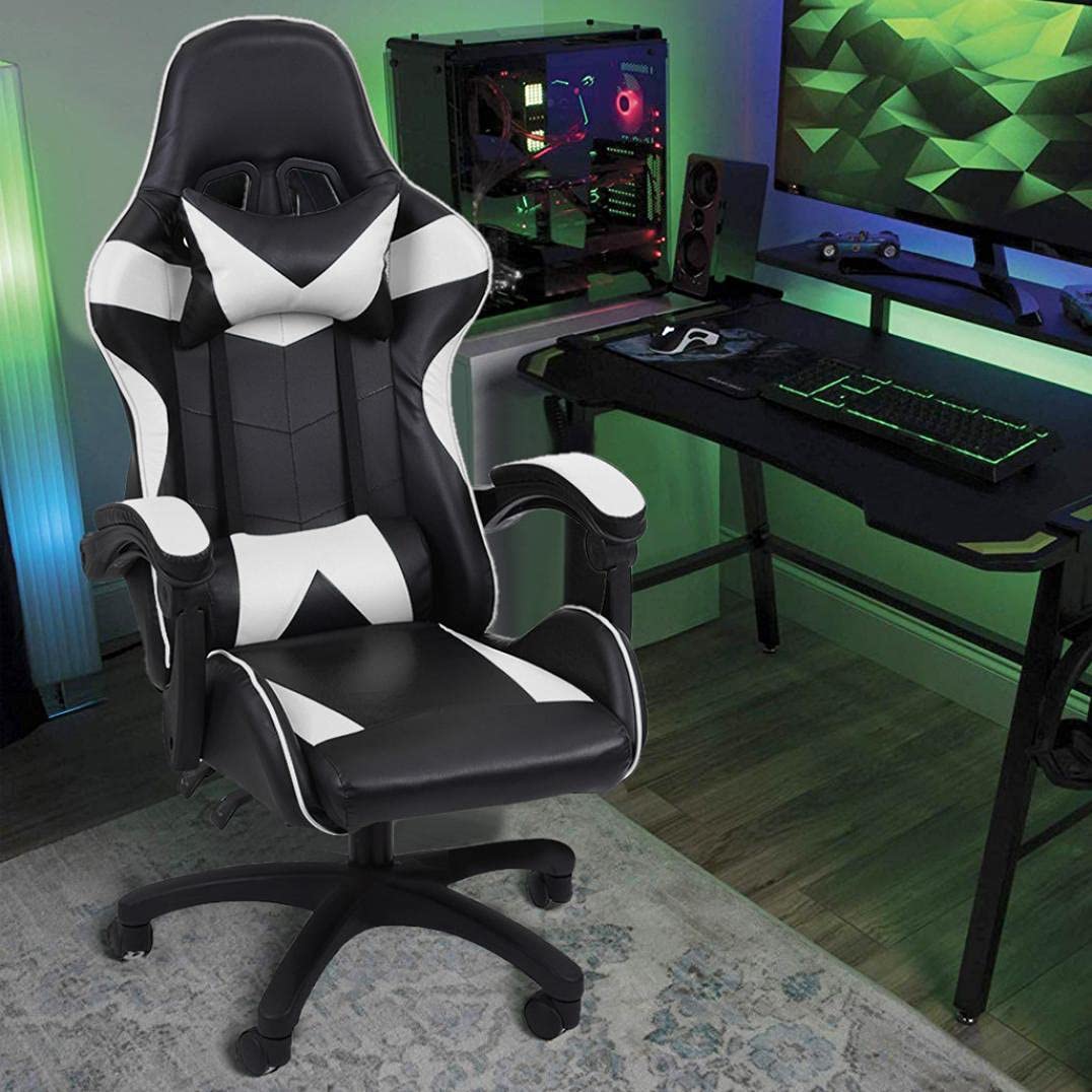 Premium Ergonomic Gaming Chair with Adjustable Footrest & High Back - Racing Style Office Chair for Home, Teen & Executive Use - Comfortable Swivel Leather Computer Chair for Long Gaming & Work Sessions (White) - Perfect for Esports, Streaming & Remote Work Setup