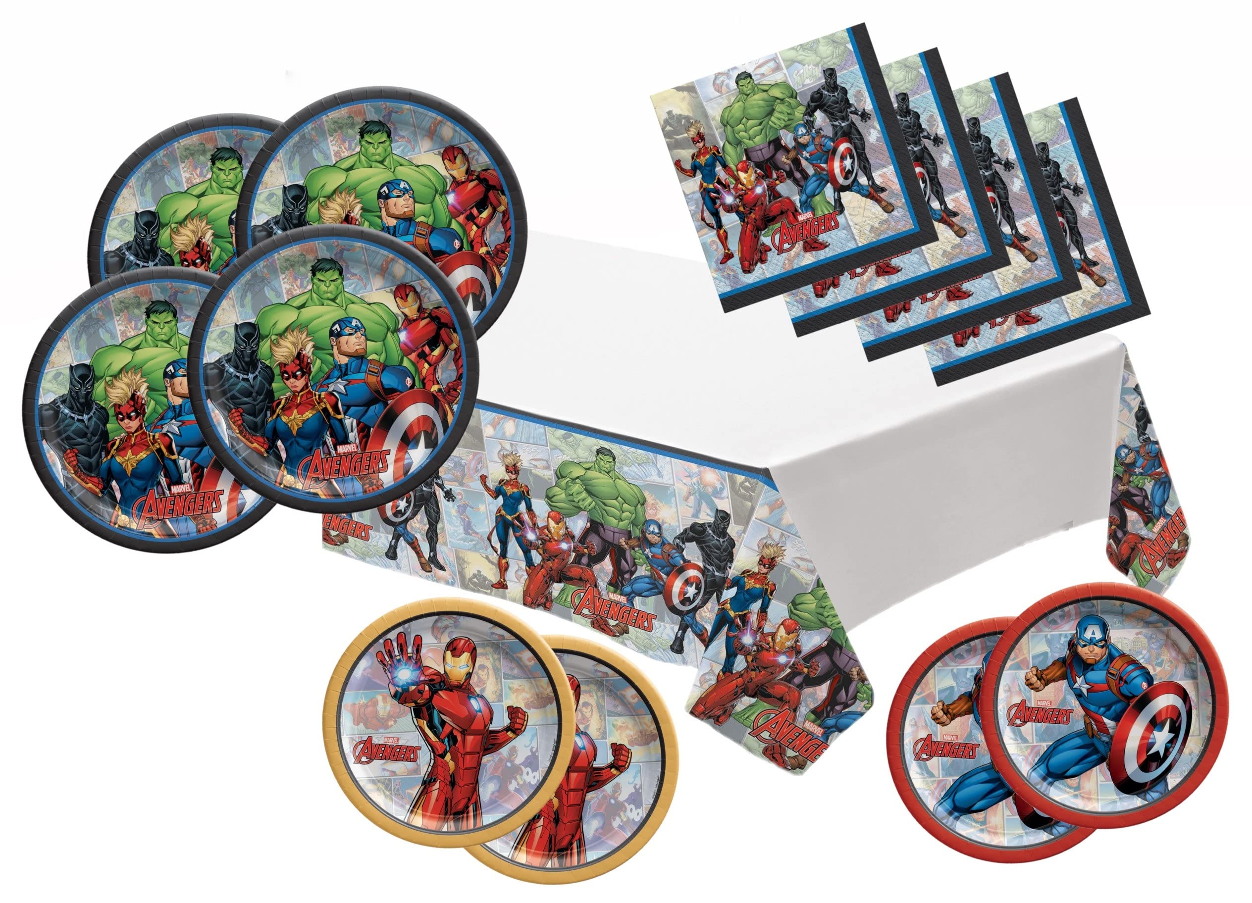 Avengers Themed Party Tableware Set for 16 Guests - 16 Dinner Plates, 16 Dessert Plates, 16 Napkins & 1 Table Cover - Perfect for Birthday Parties, Superhero Celebrations & Themed Events