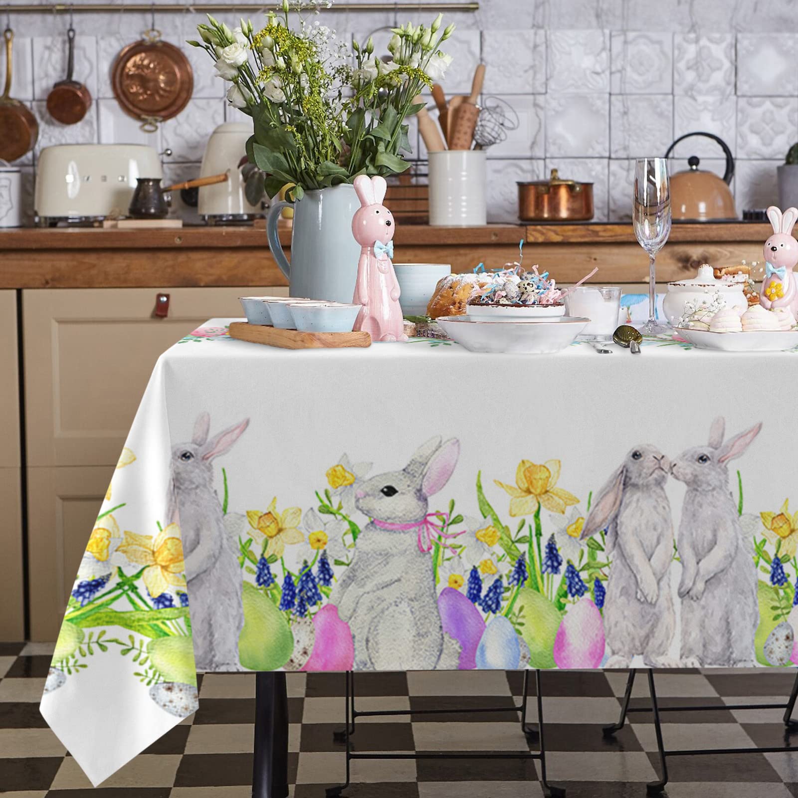 Easter Tablecloth - Bunny Eggs Flowers Waterproof Oil-Proof Spillproof Table Cover for Kitchen Dining, Spring Floral Rabbit Design, 54x108 Inches - Perfect for Easter Decorations, Holiday Parties, and Family Gatherings